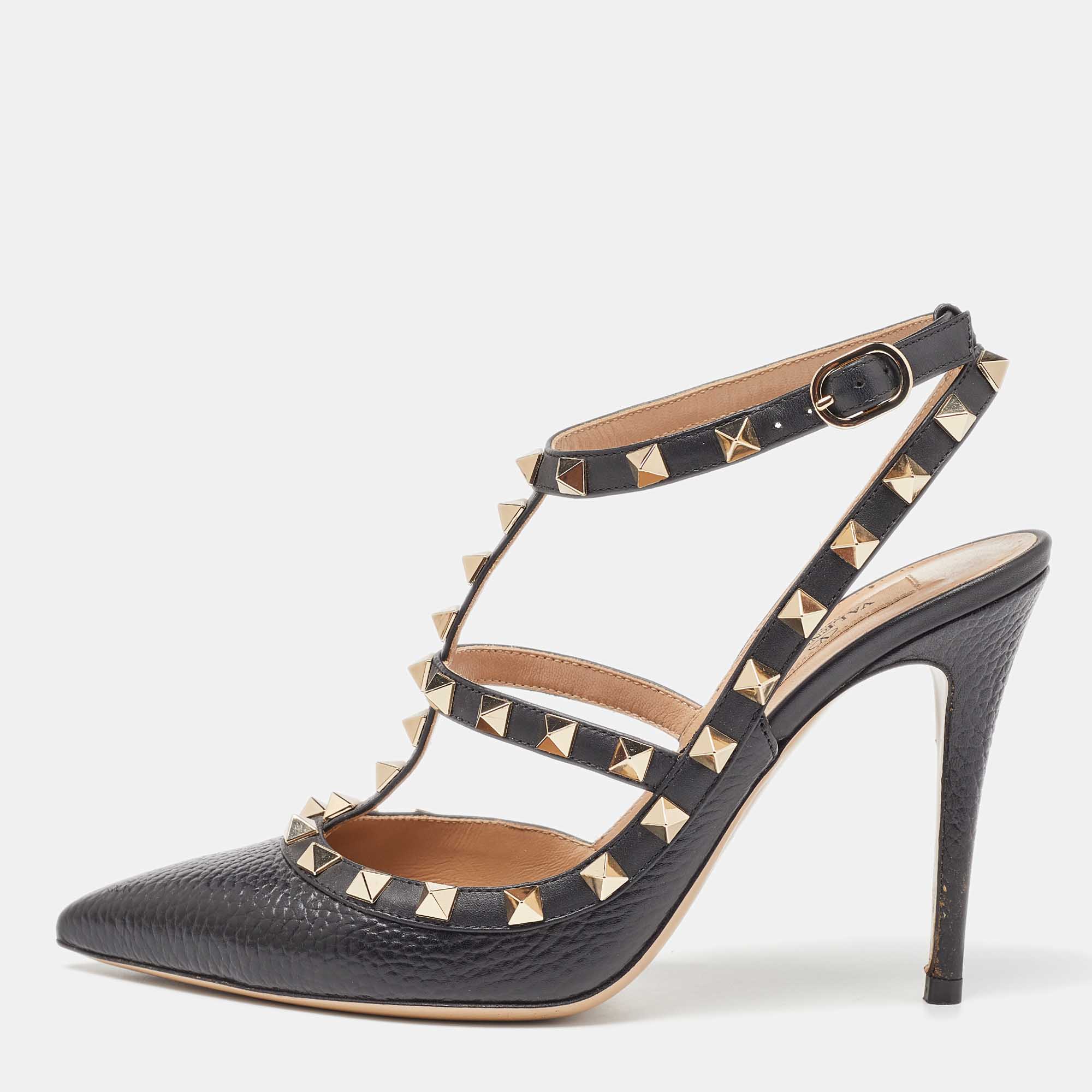 مملوكة مسبقًا Valentino Black Leather Rockstud Ankle Strap Pumps Size 37.5