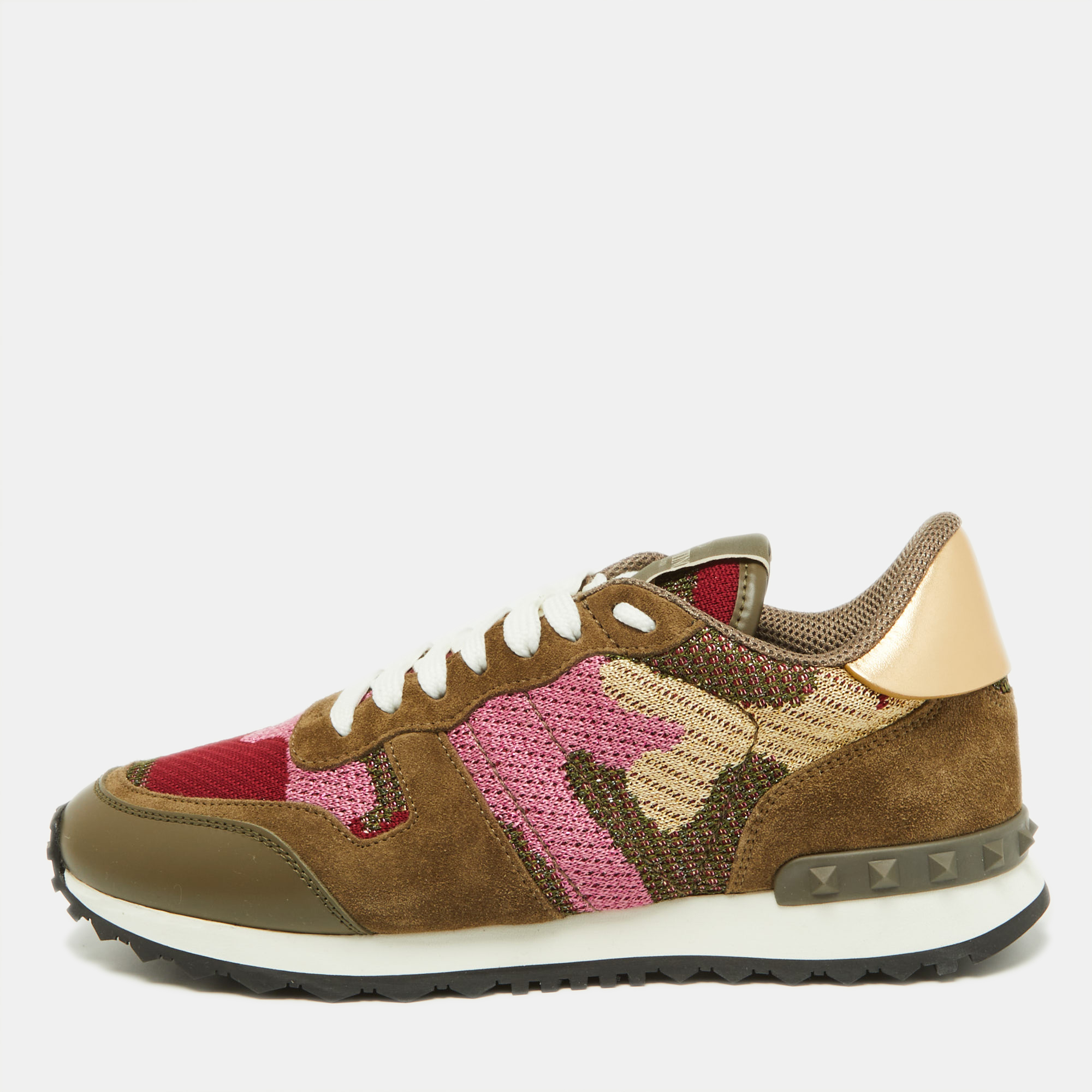 

Valentino Multicolor Camo Print Suede,Leather and Knit Fabric Rockrunner Sneakers Size