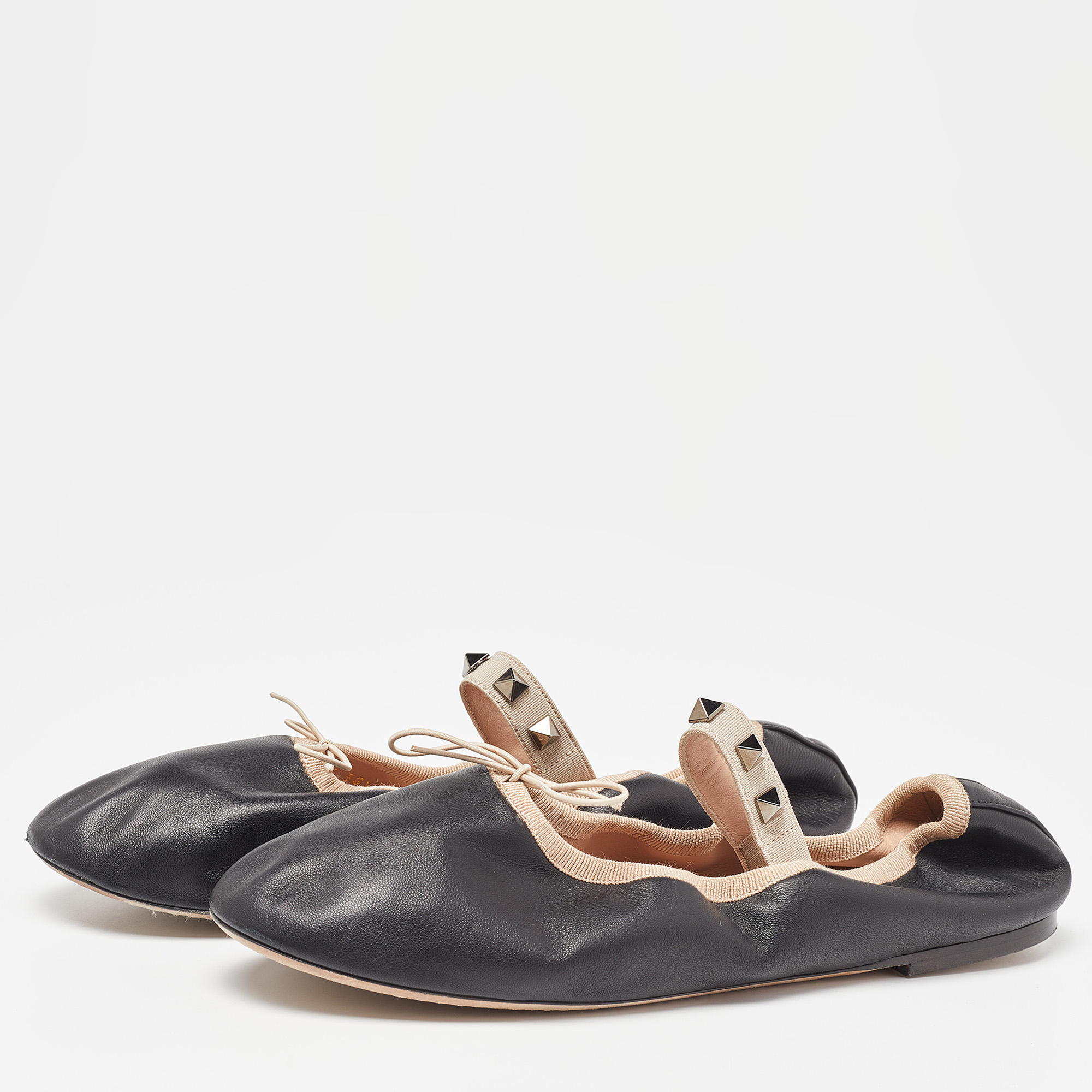 

Valentino Black Leather Rockstud Mary Jane Bow Ballet Flats Size