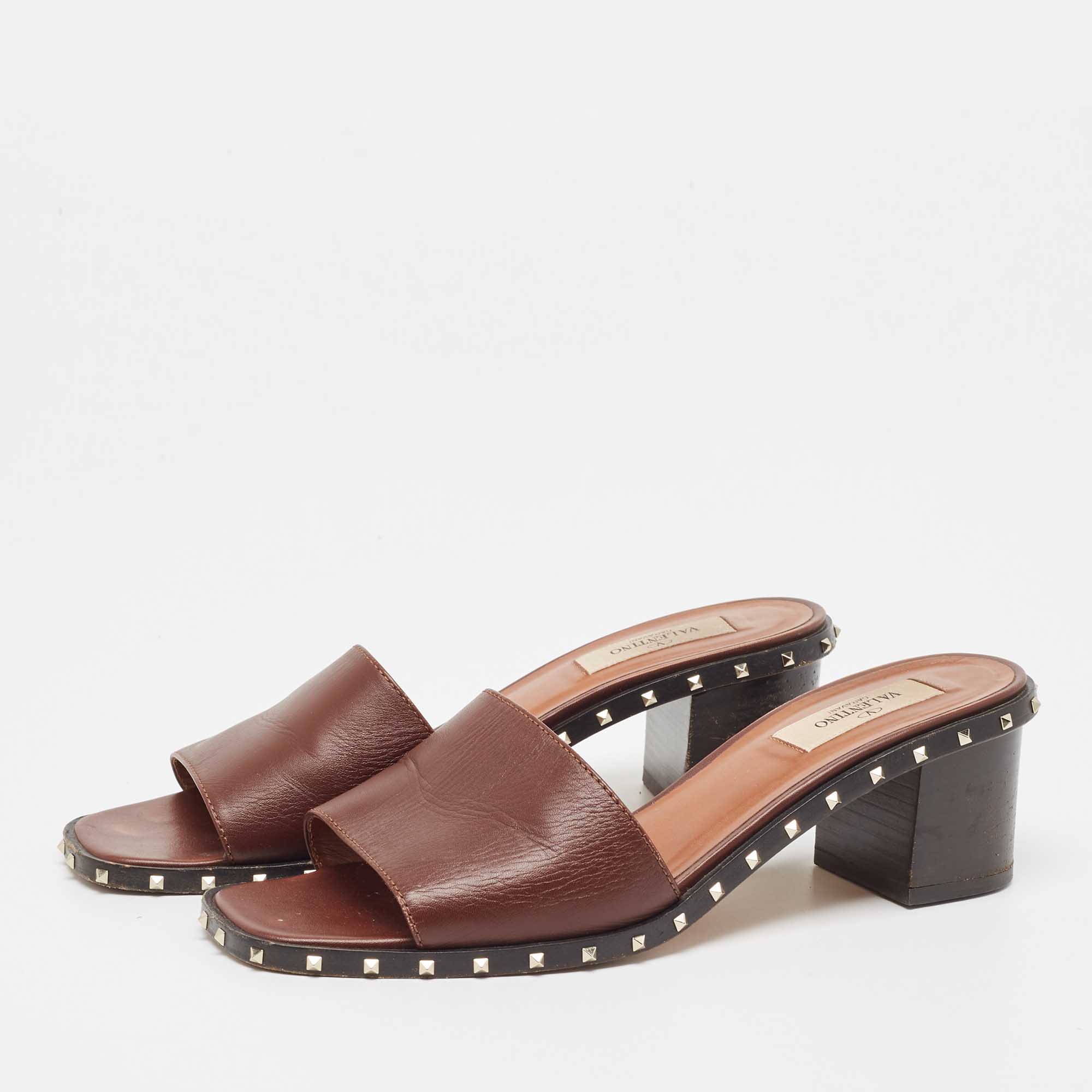 

Valentino Brown Leather Soul Rockstud Slide Sandals Size