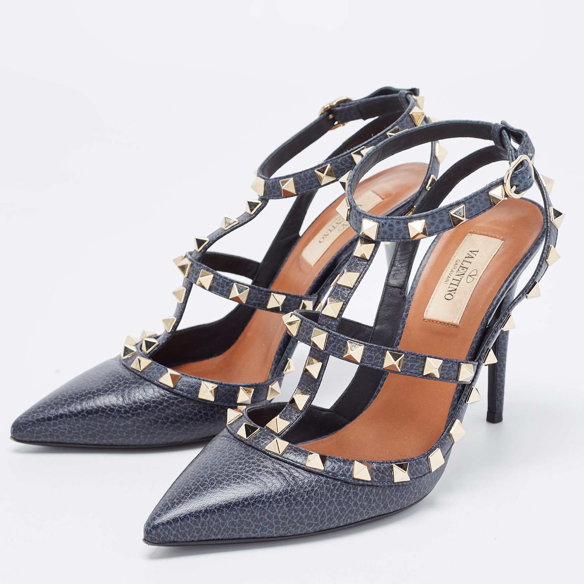 

Valentino Two Tone Textured Leather Rockstud Ankle Strap Pumps Size, Navy blue