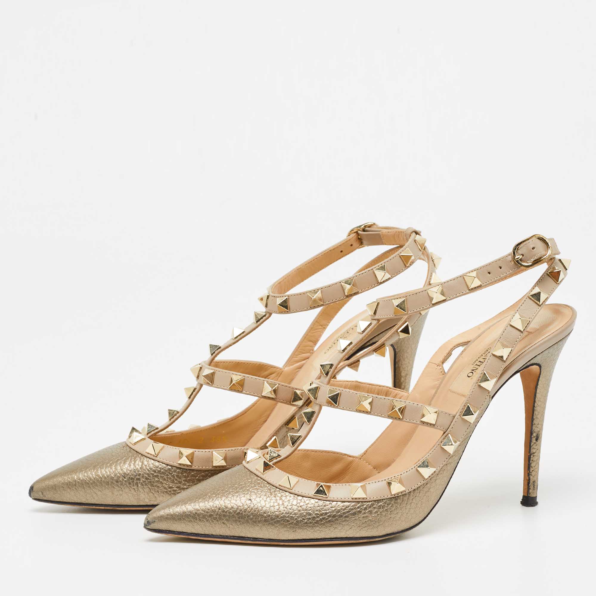 

Valentino Metallic Bronze Leather Rockstud Ankle Strap Pumps Size
