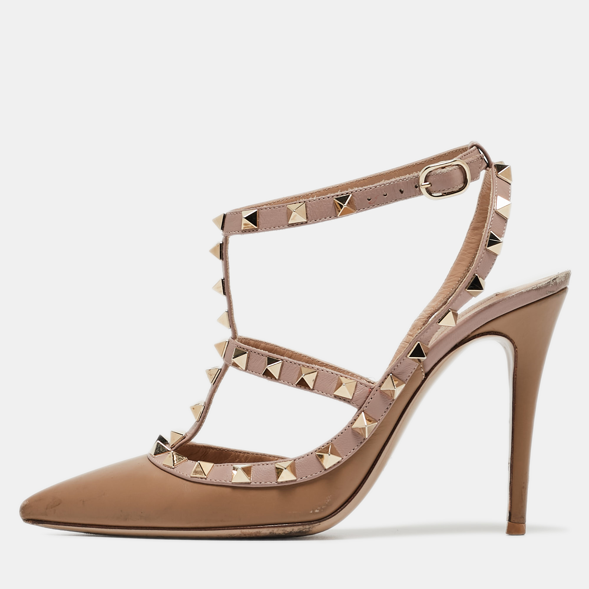 

Valentino Brown/Dusty Pink Leather Rockstud Ankle Strap Pumps Size