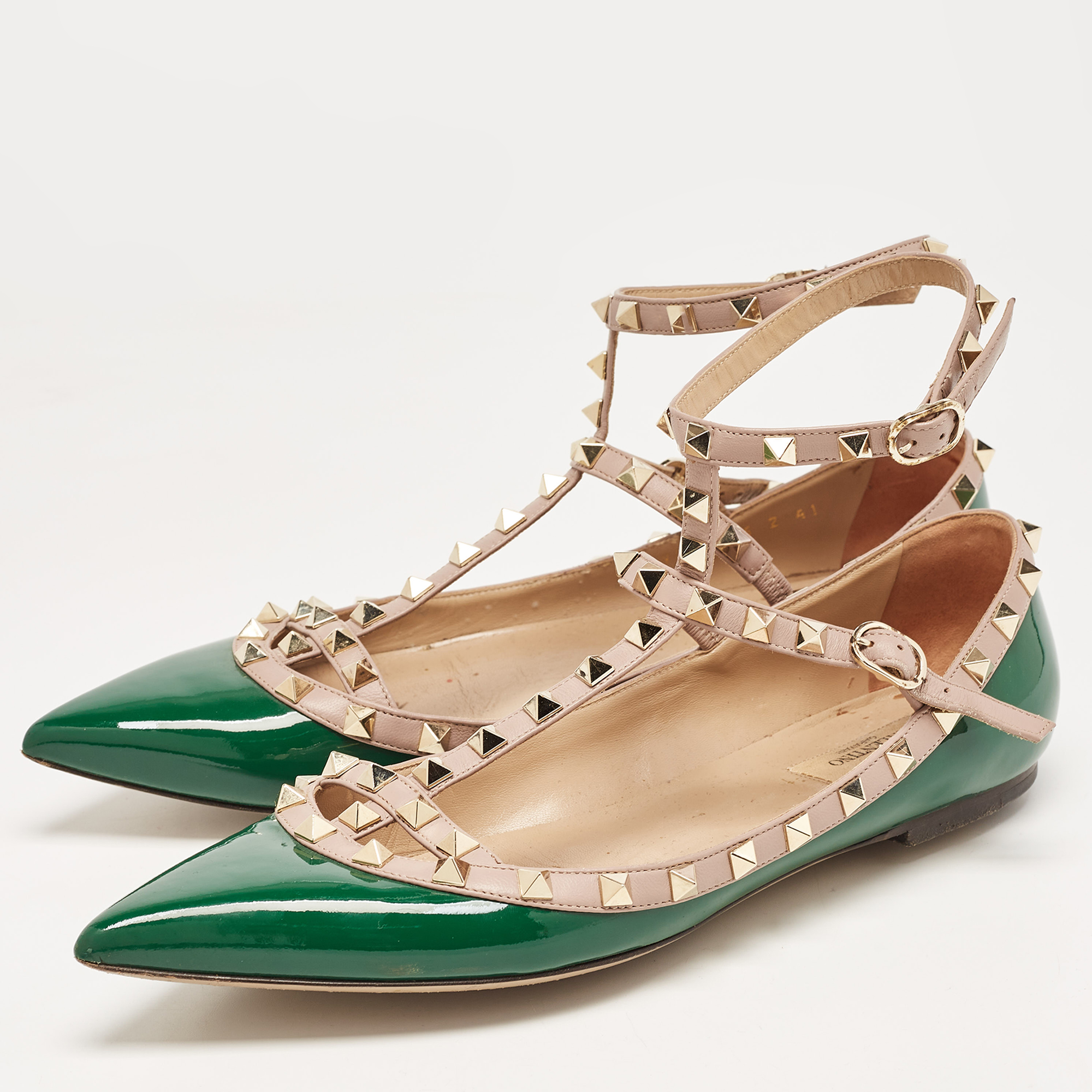 

Valentino Green Patent Leather Rockstud Ankle Strap Ballet Flats Size