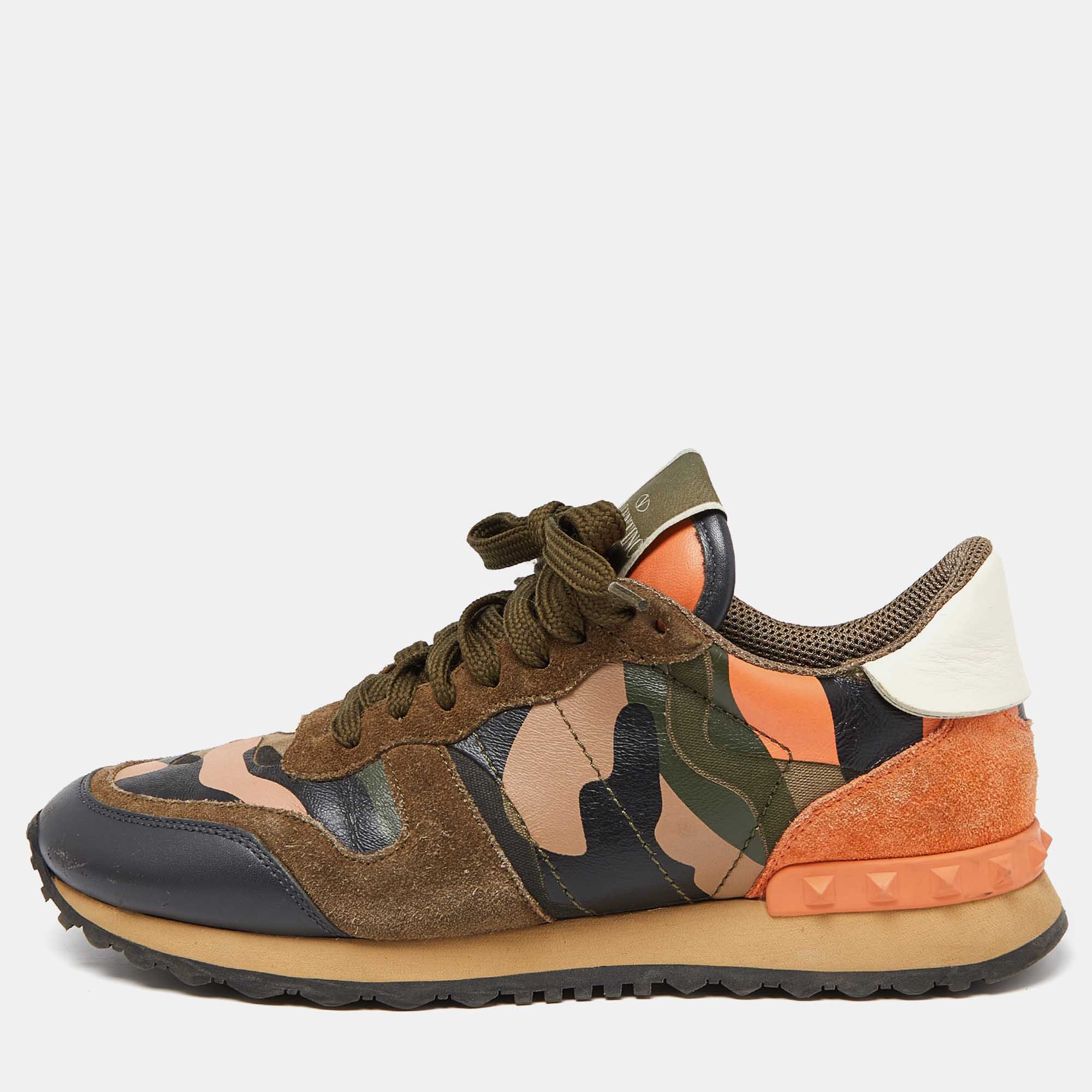Pre-owned Valentino Garavani Multicolor Camo Print Canvas And Leather Rockrunner Trainers Size 37.5 In Green