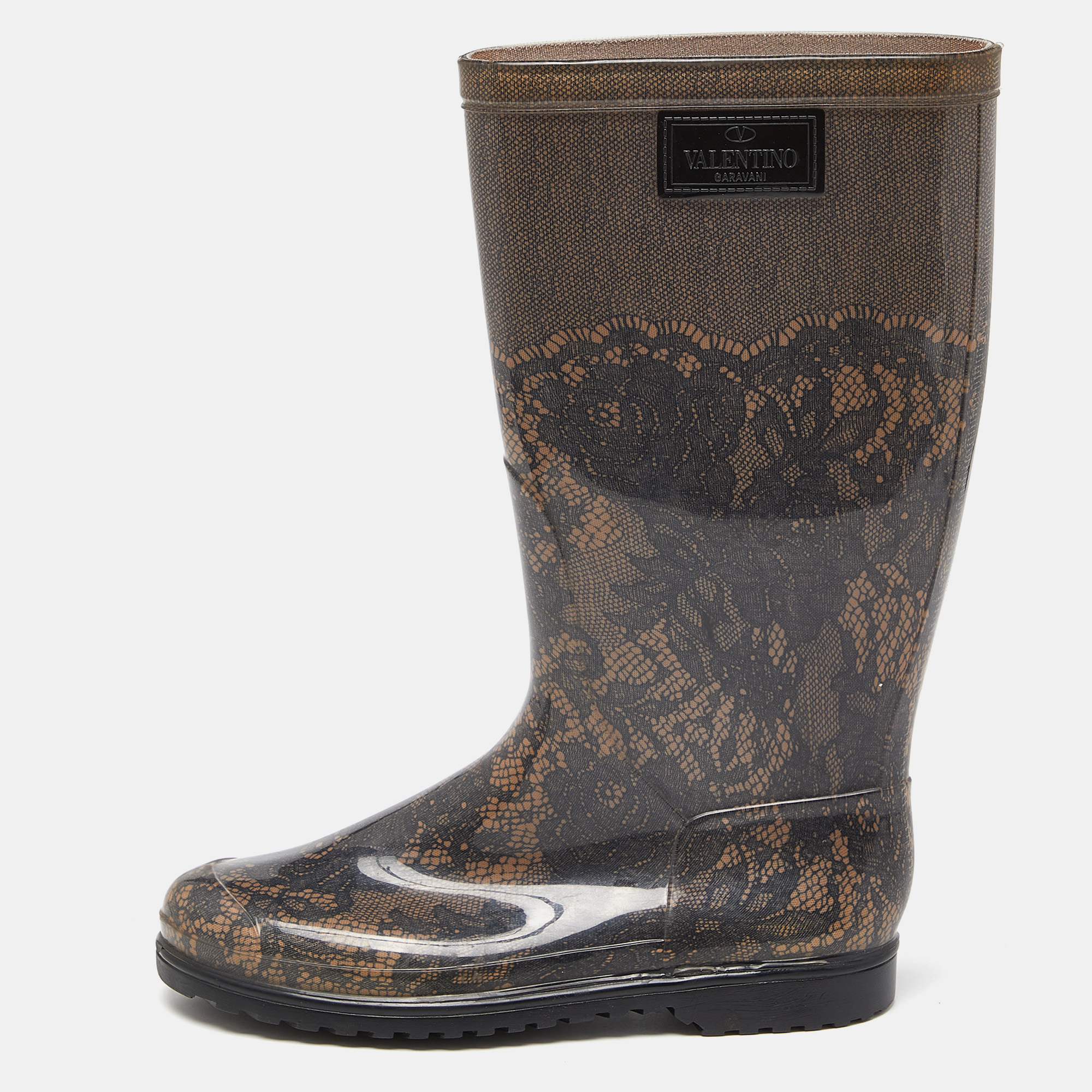 

Valentino Black/Beige Lace Print Rubber Rain Boots Size
