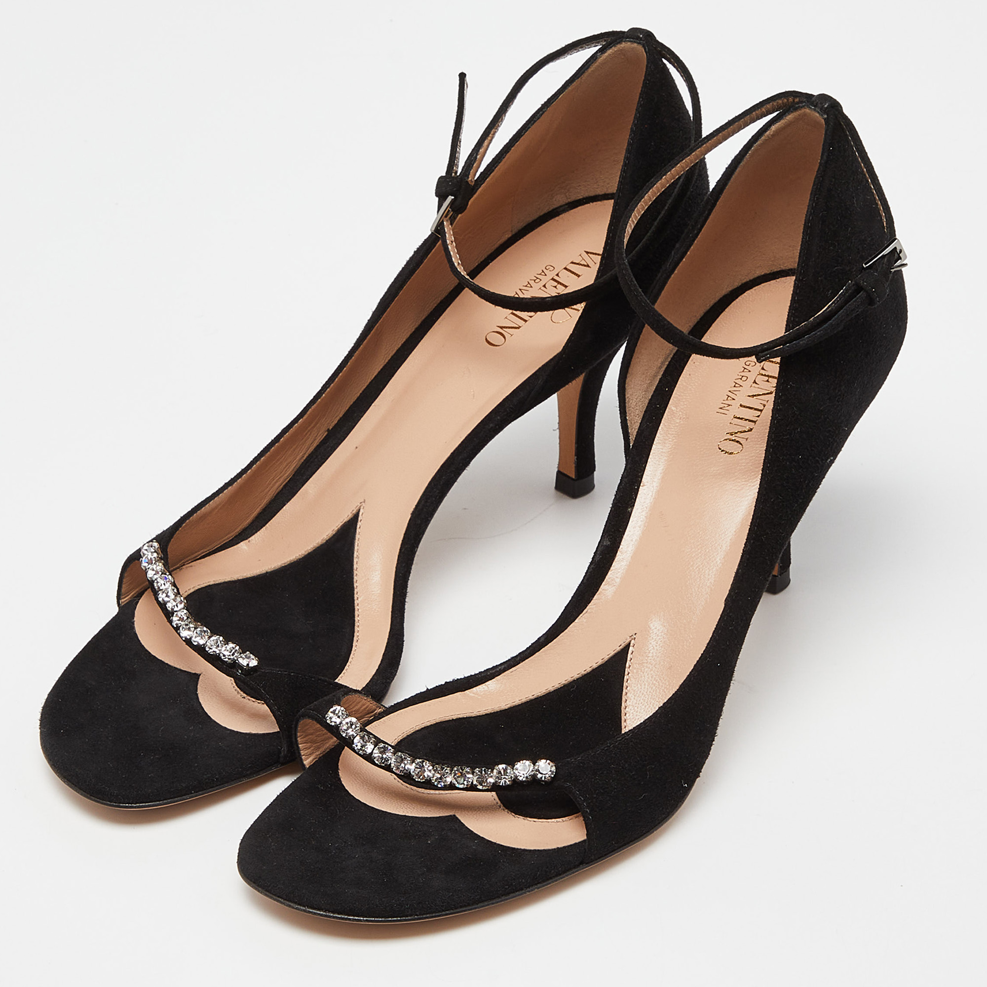 

Valentino Black Suede Crystal Embellished Ankle Strap Sandals Size