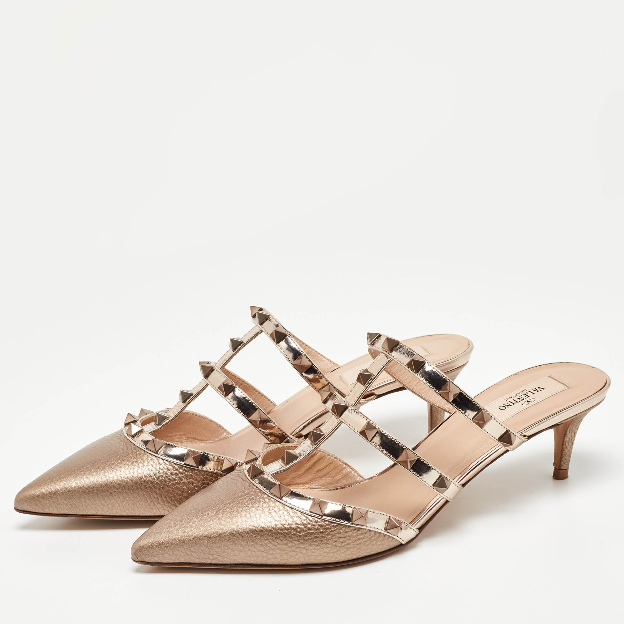 

Valentino Metallic Leather and Patent Leather Rockstud Mules Size