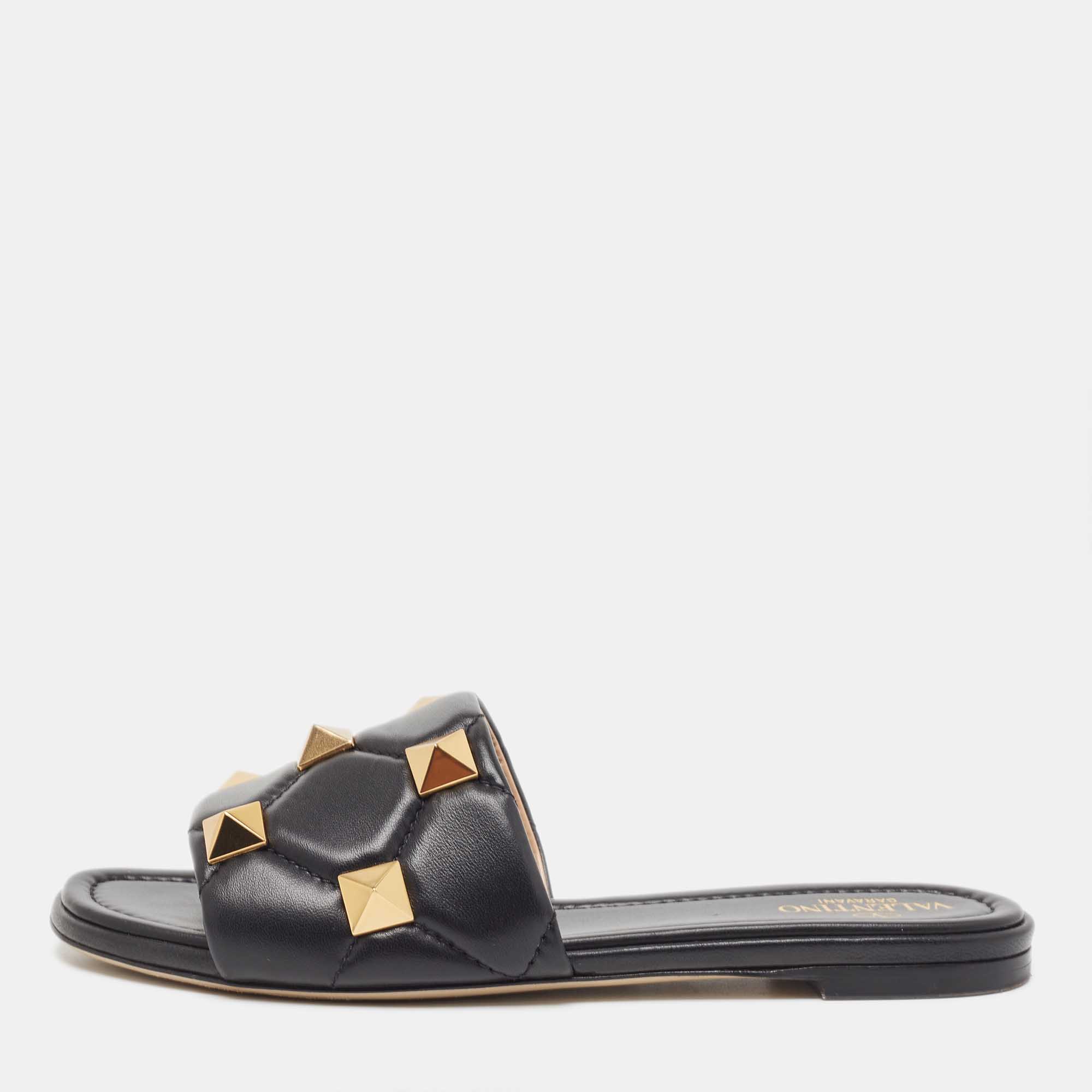 

Valentino Black Quilted Leather Roman Stud Flat Slides Size