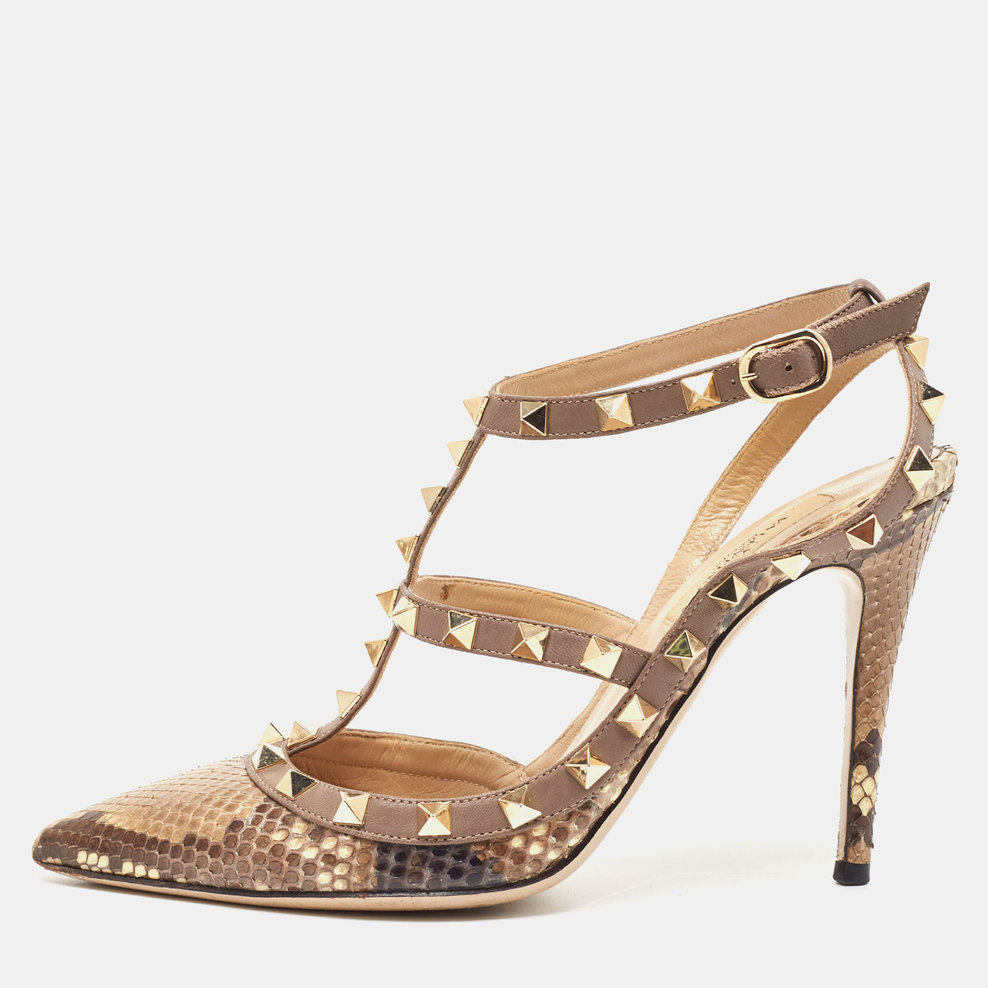 

Valentino Two Tone Snakeskin Rockstud Ankle Strap Pumps Size, Brown