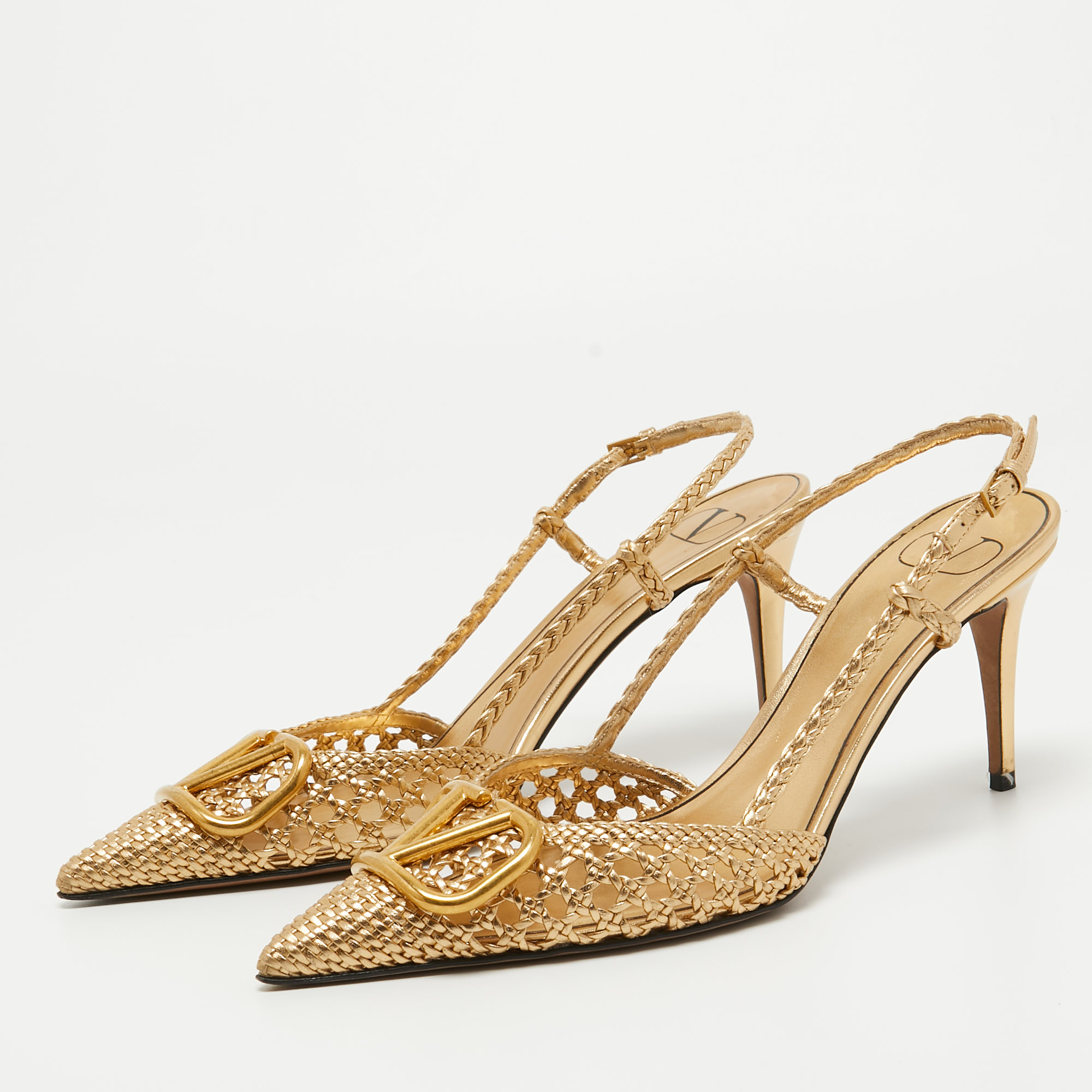 

Valentino Gold Woven Leather Vlogo Slingback Pumps Size