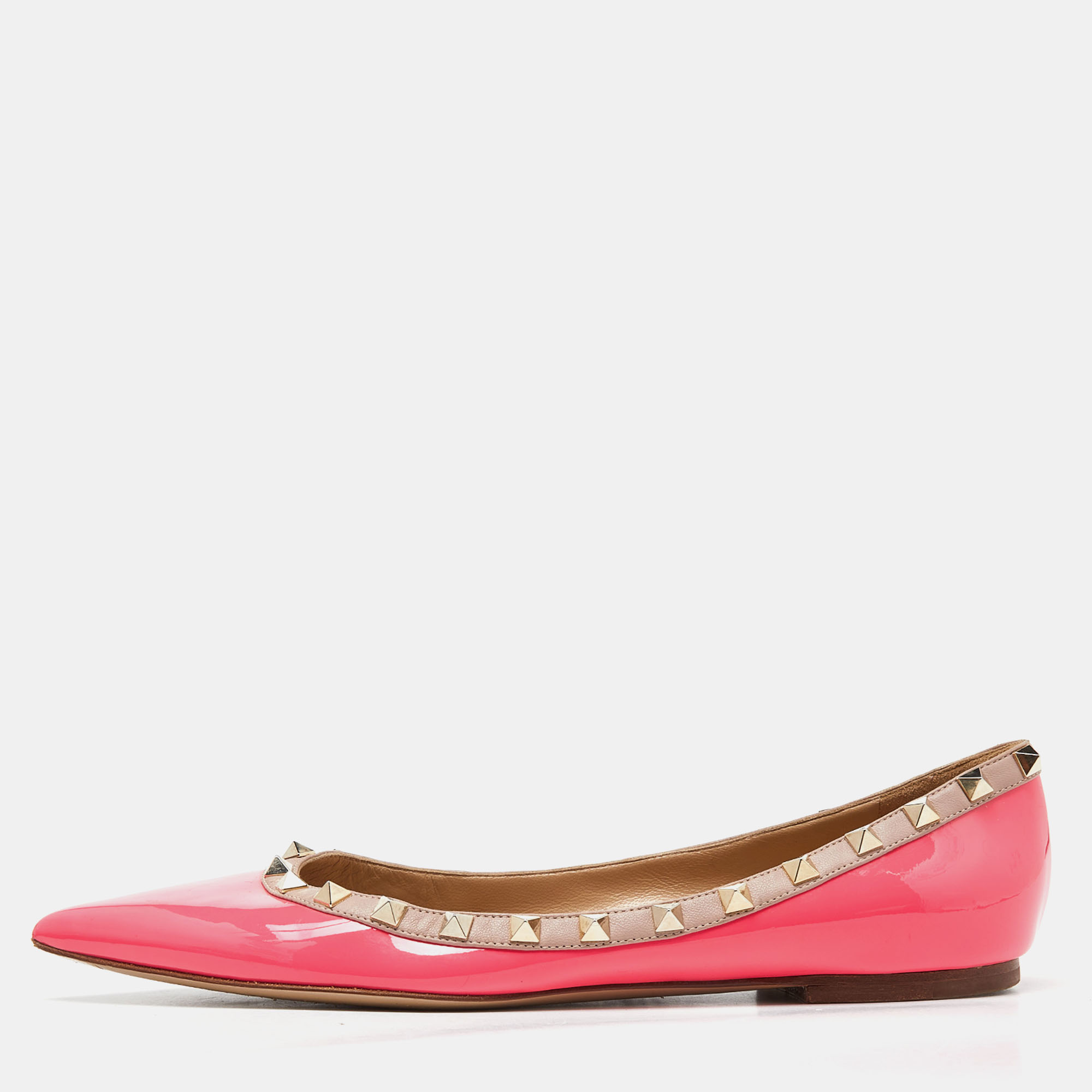 Pre-owned Valentino Garavani Pink/beige Patent Leather Rockstud Pointed Toe Ballet Flats Size 40