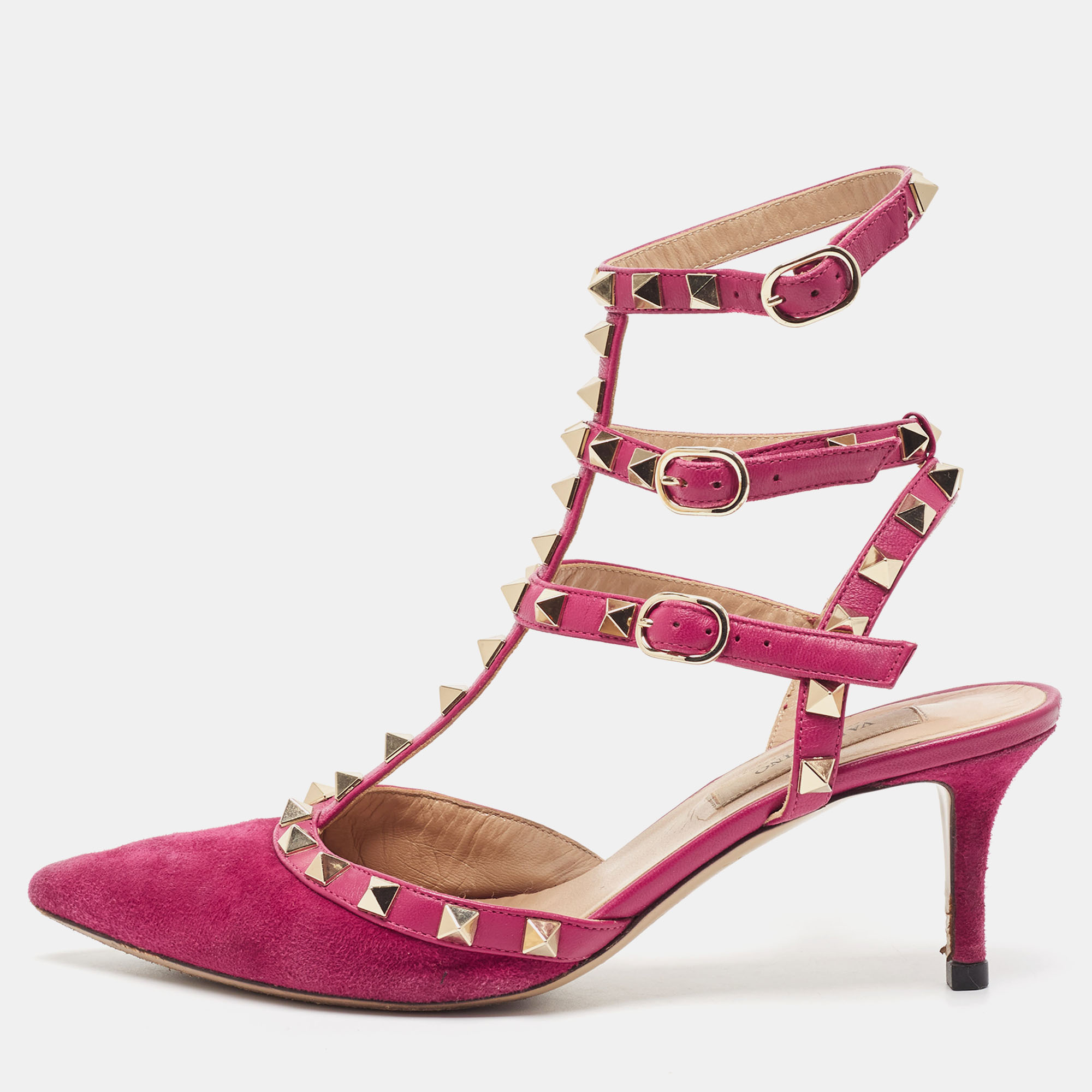 

Valentino Pink Suede Rockstud Ankle Strap Pumps Size