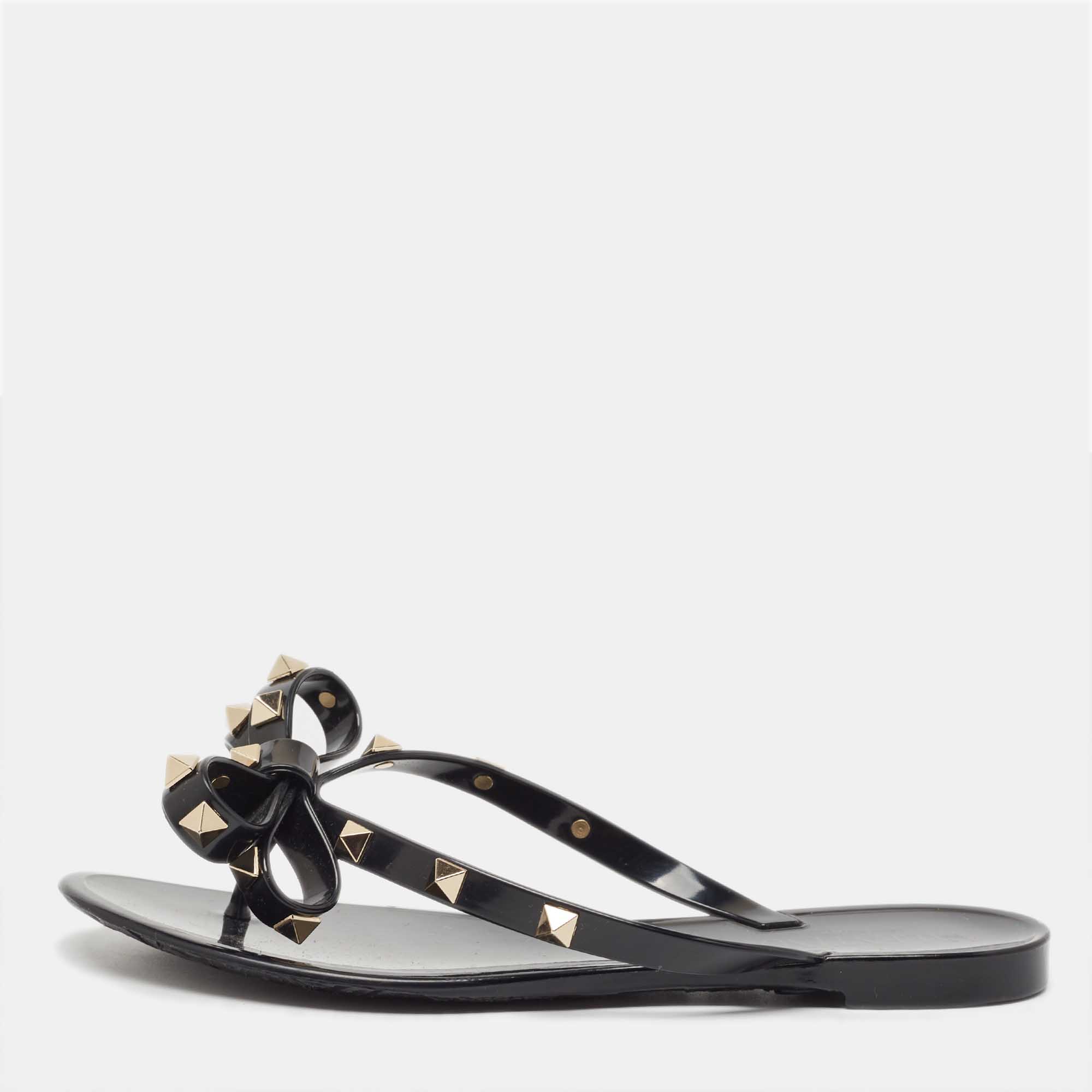 

Valentino Black Rubber Bow Rockstud Thong Flats Size