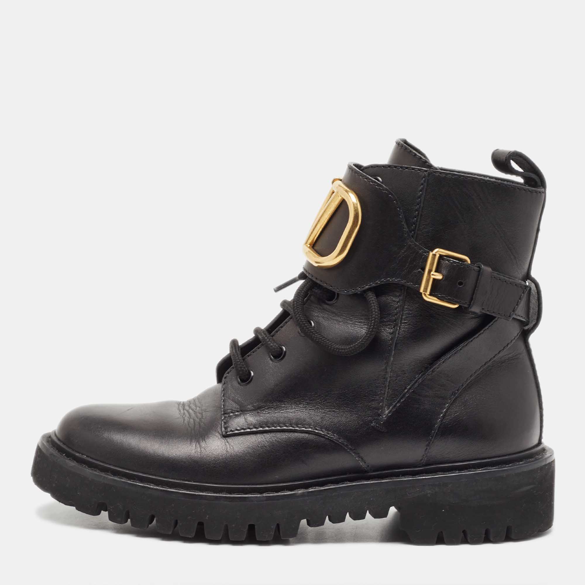 Pre-owned Valentino Garavani Black Leather Vlogo Signature Ankle Boots Size 37
