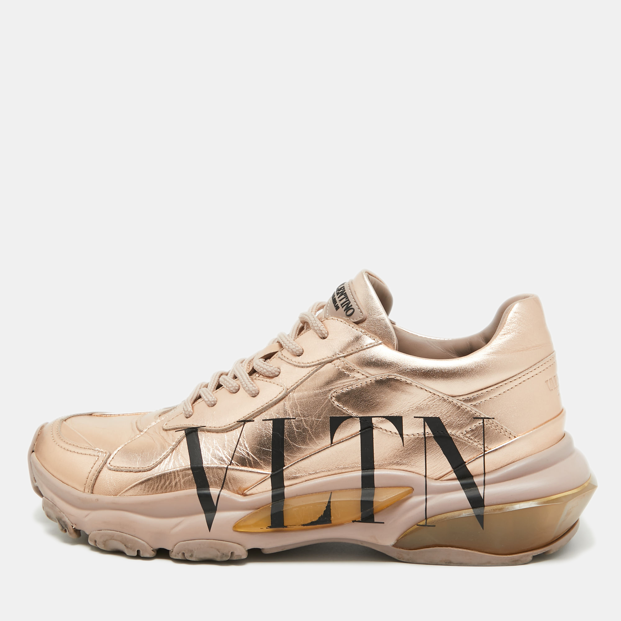 Pre-owned Valentino Garavani Rose Gold Leather Vltn Print Bounce Trainers Size 40