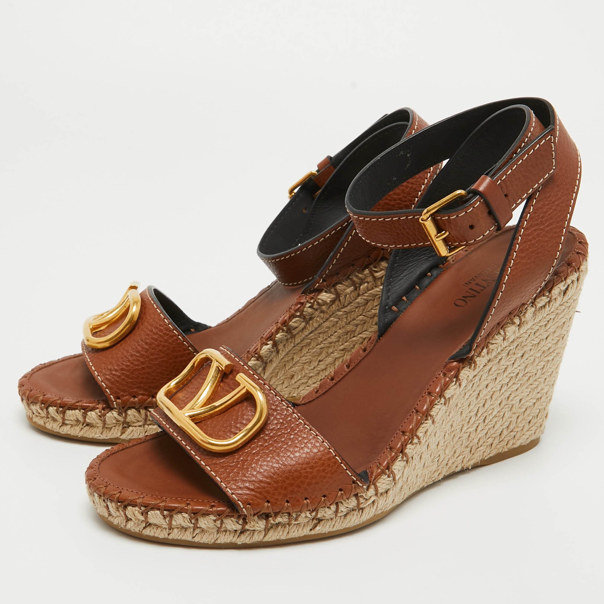 

Valentino Brown Leather Escape V logo Espadrille Wedge Ankle Wrap Sandals Size