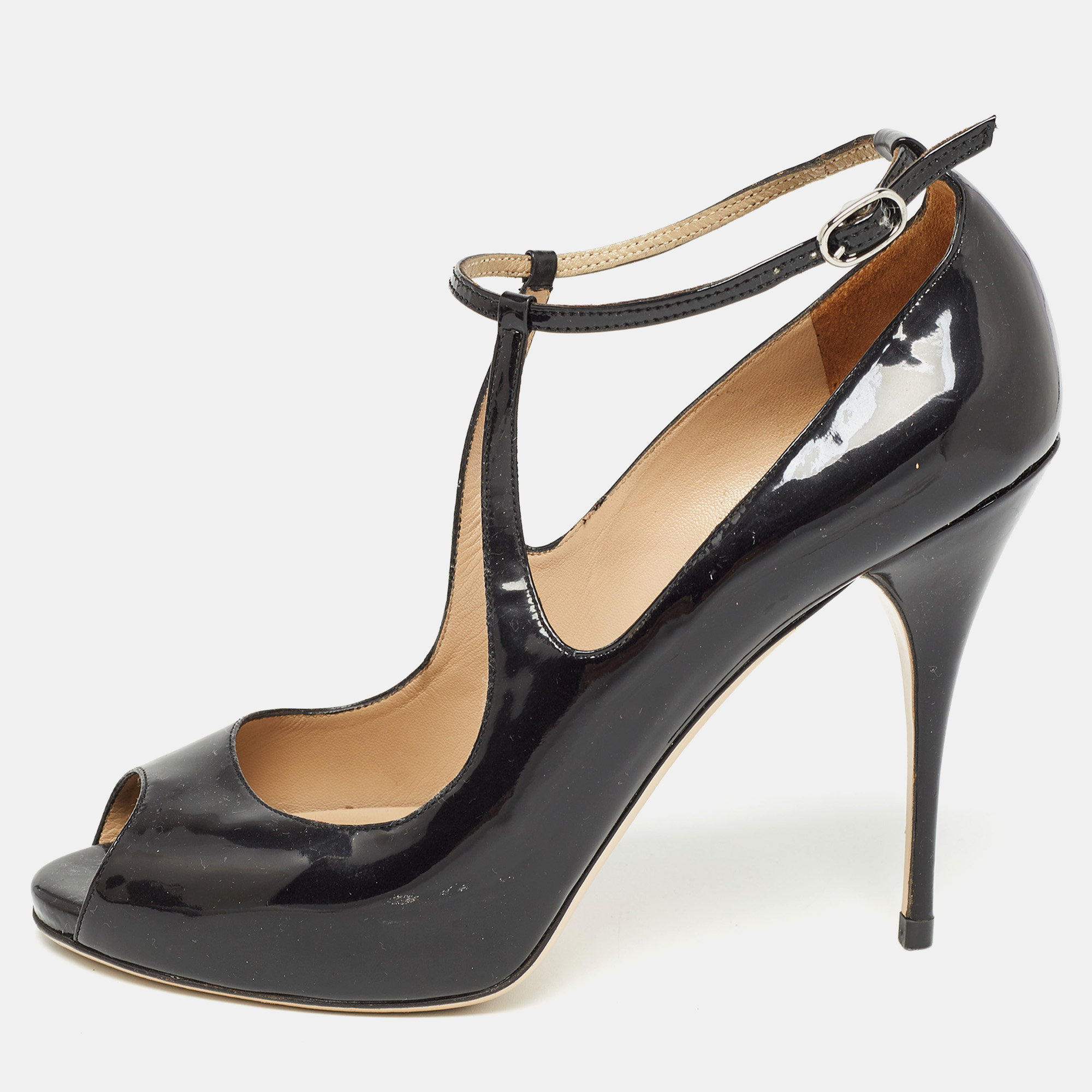Pre-owned Valentino Garavani Black Patent Leather Ankle Strap Pumps Size 39.5