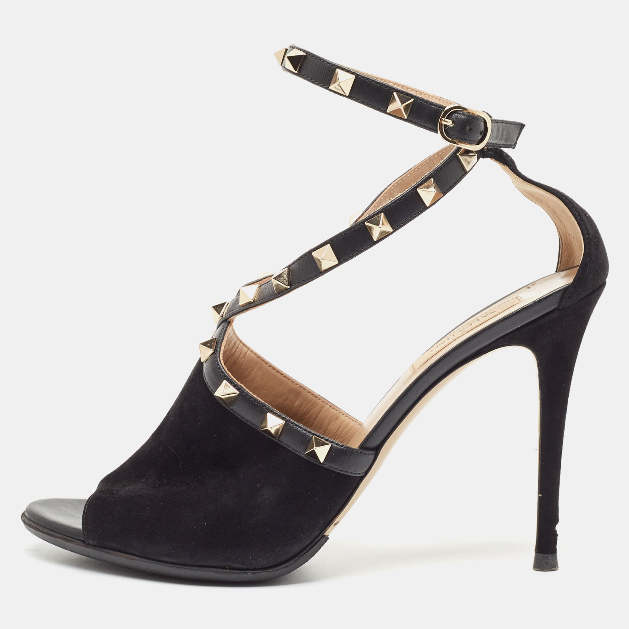 Pre-owned Valentino Garavani Black Suede And Leather Rockstud Ankle Strap Sandals Size 40