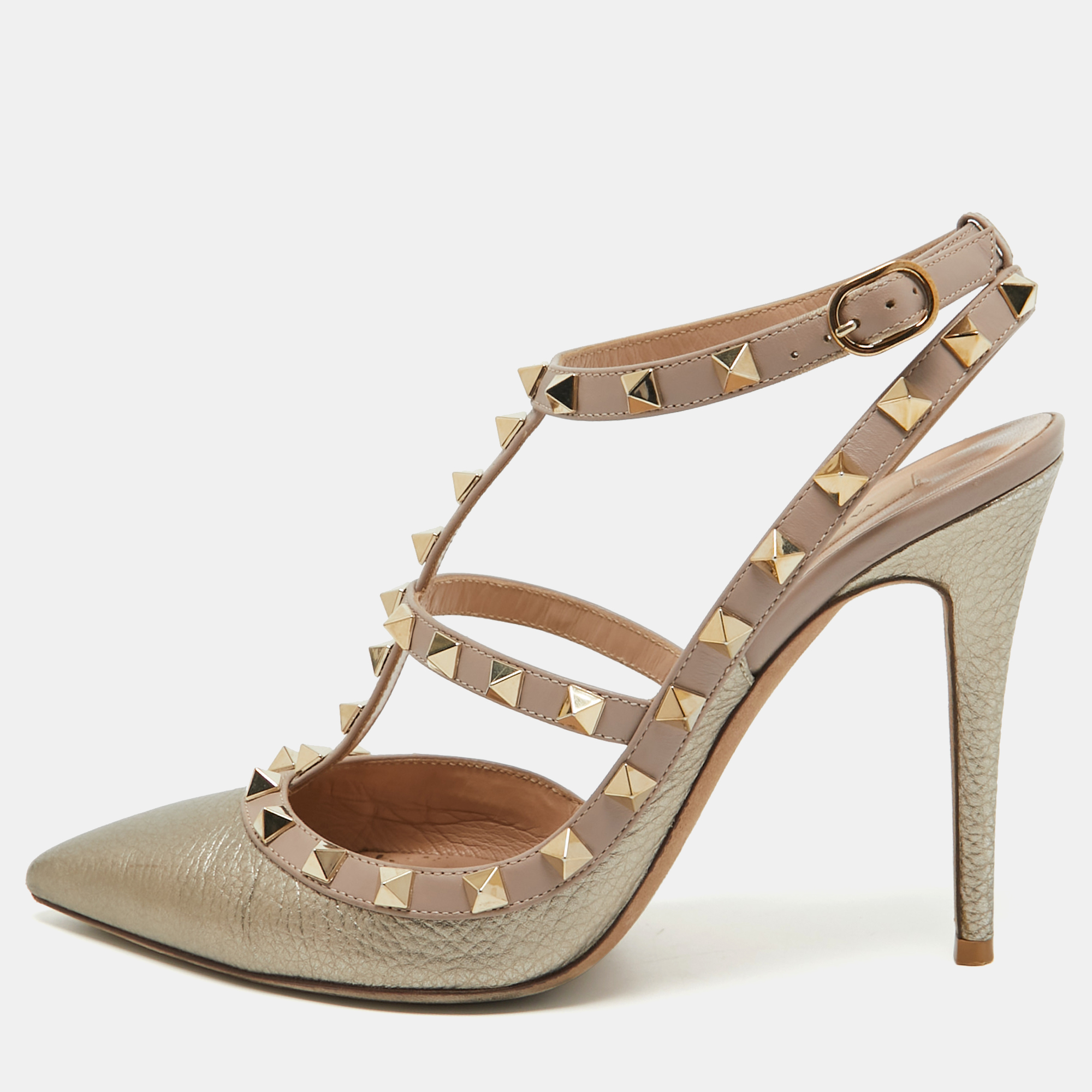

Valentino Metallic Gold Leather Rockstud Ankle Strap Pumps Size