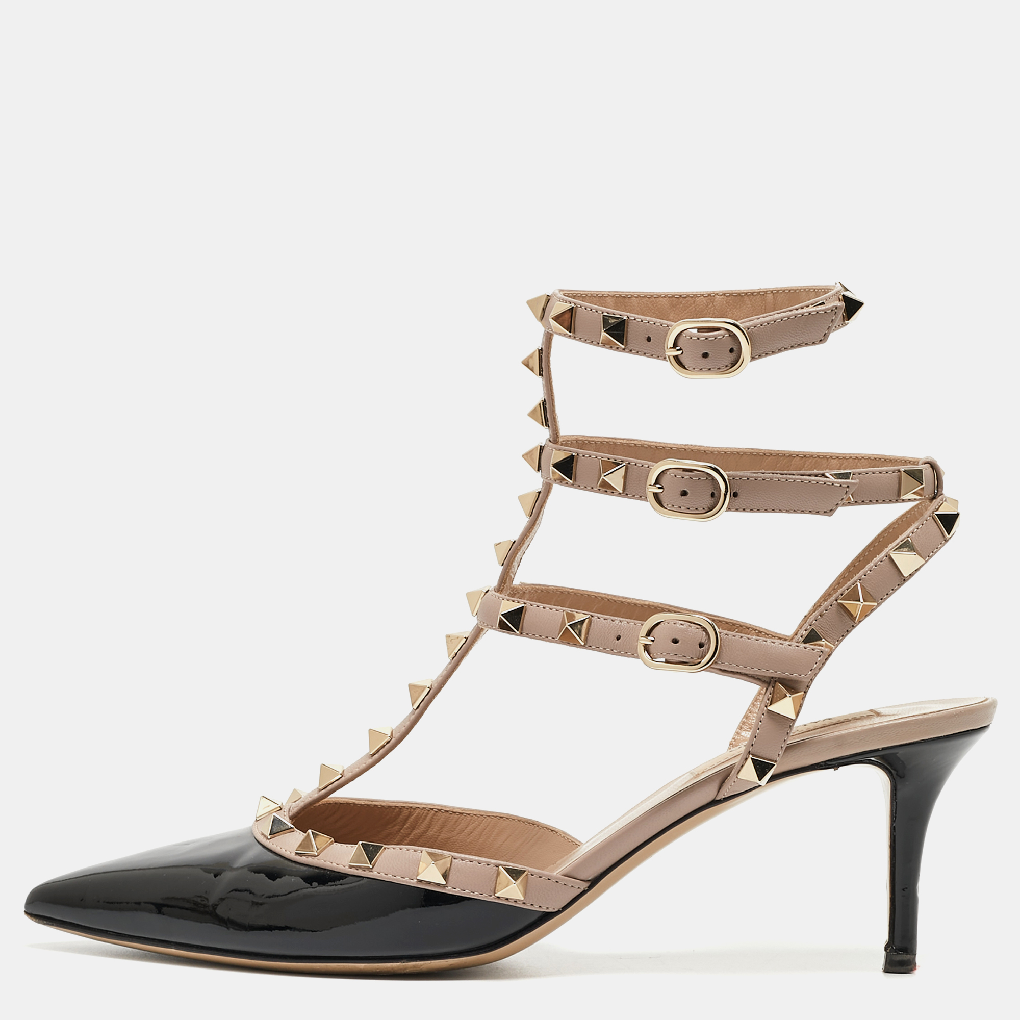 

Valentino Black/Beige Patent Rockstud Ankle Strap Pumps Size