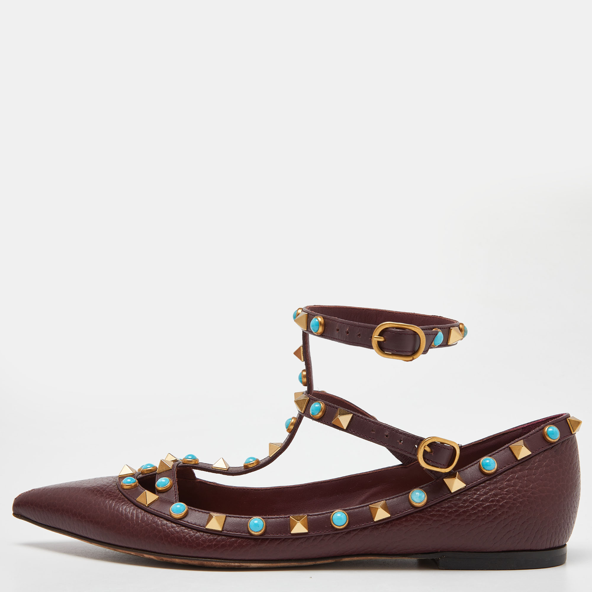 

Valentino Maroon Textured Leather Rolling Rockstud Ankle Strap Flats Size, Burgundy