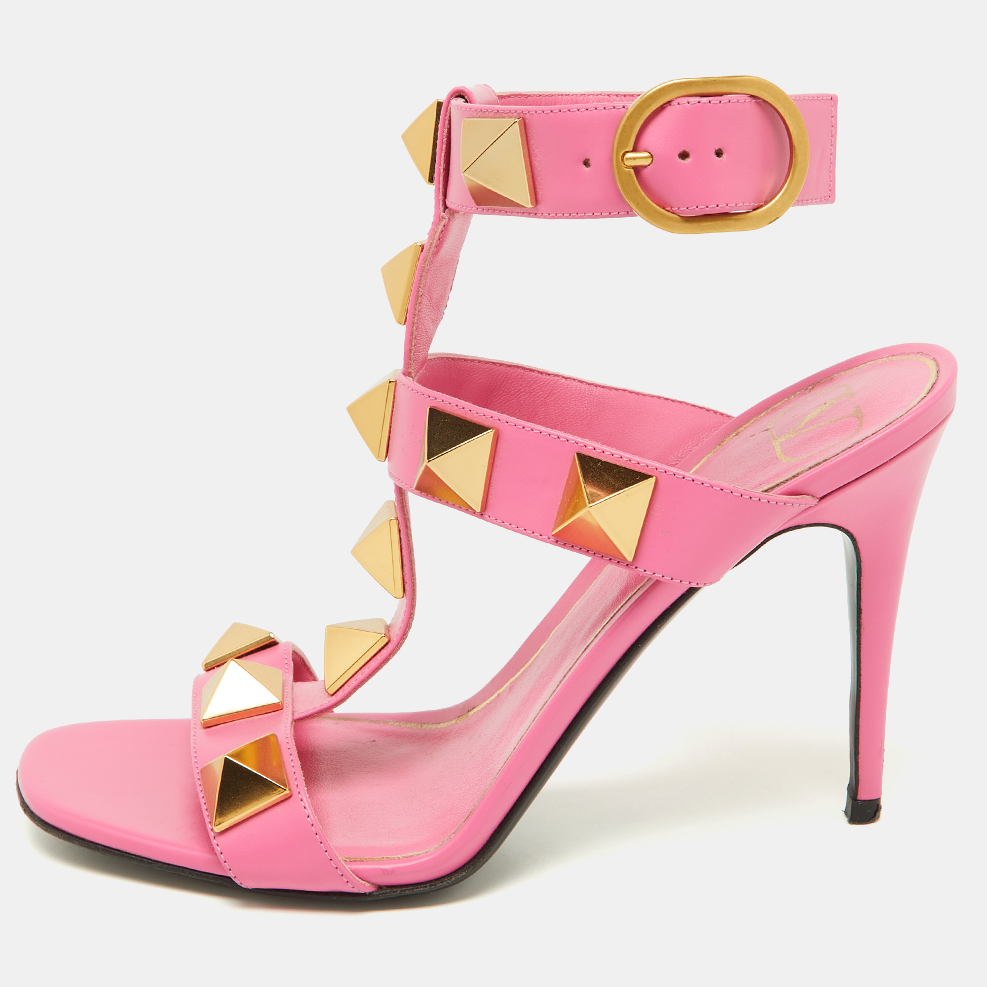 

Valentino Pink Leather Roman Stud Ankle Strap Sandals Size