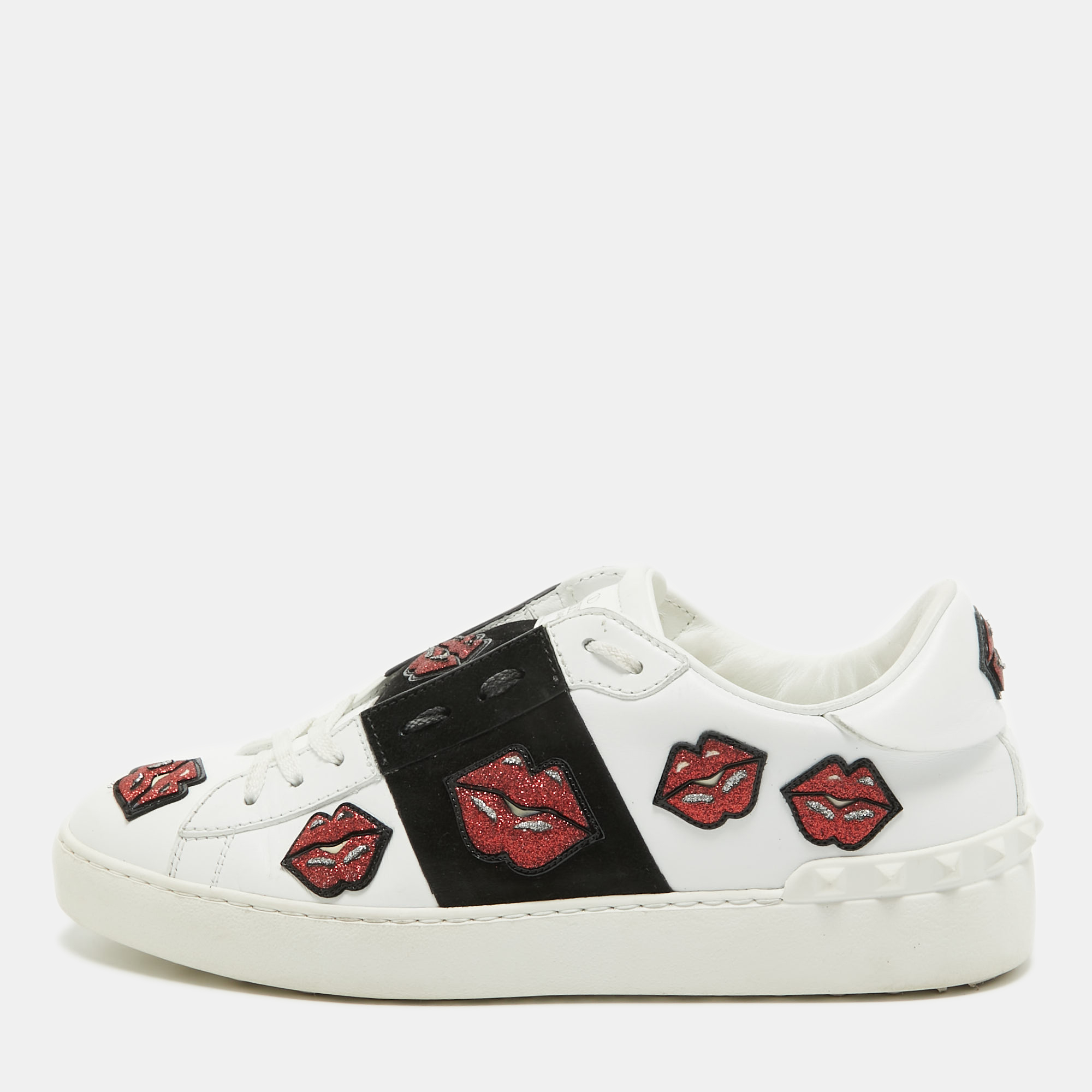 

Valentino White/Black Leather and Suede Kiss Me Sneakers Size