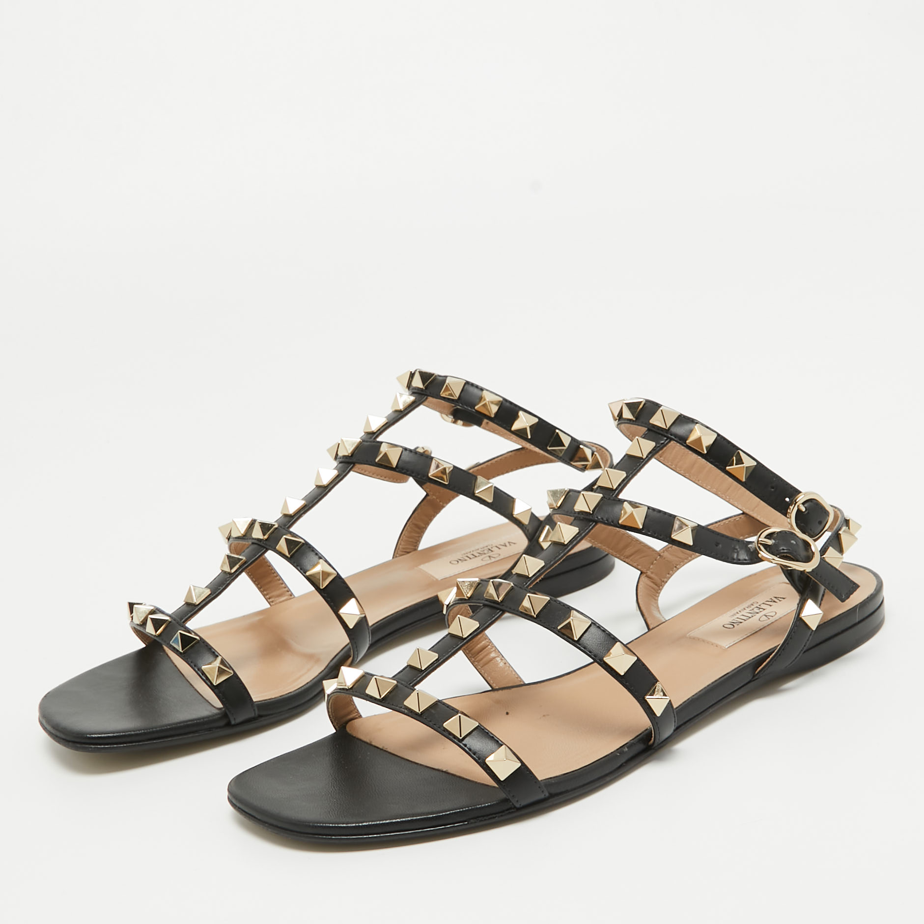 

Valentino Black Leather Rockstud Ankle Strap Flat Sandals Size