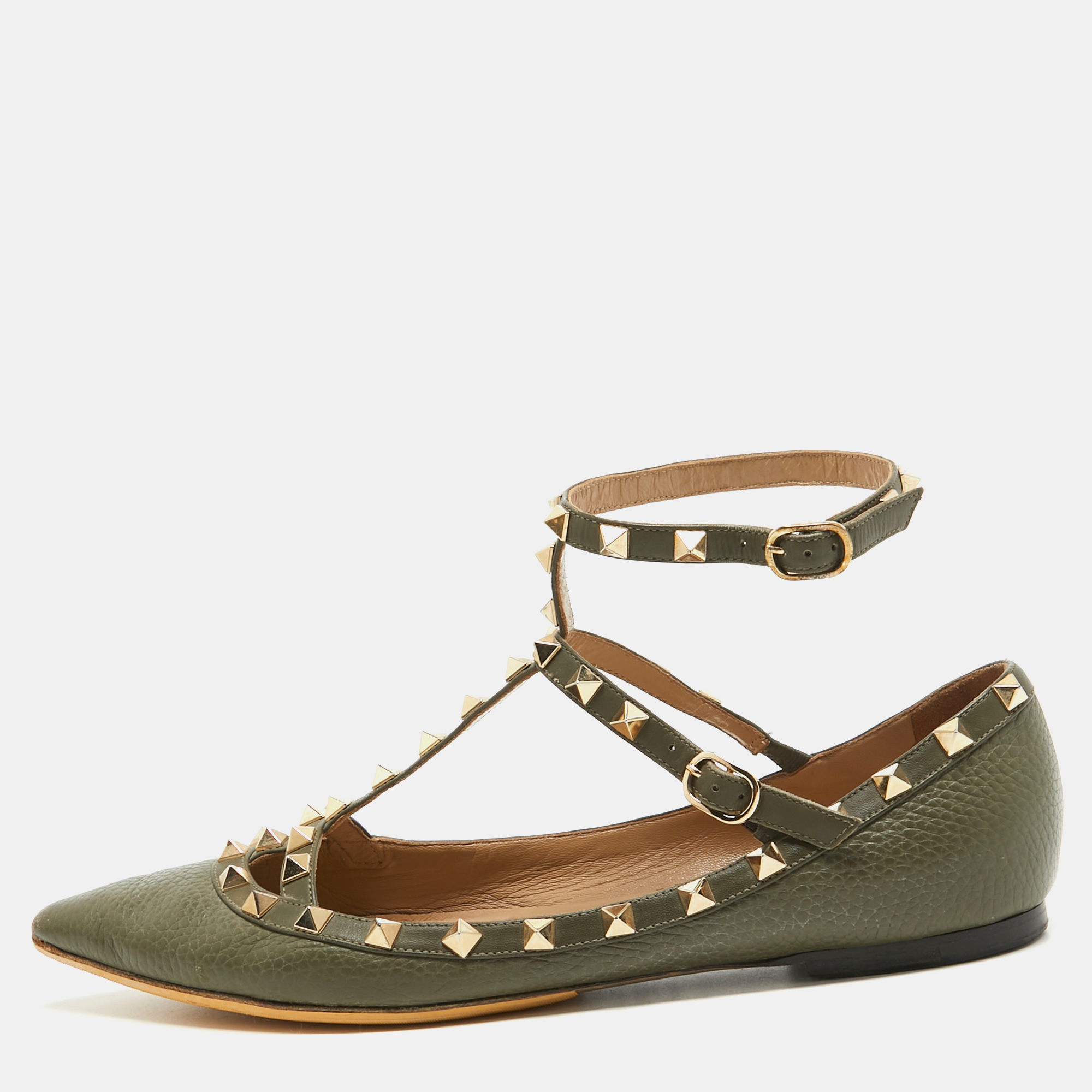Pre-owned Valentino Garavani Army Green Leather Rockstud Ankle Strap Ballet Flats Size 40