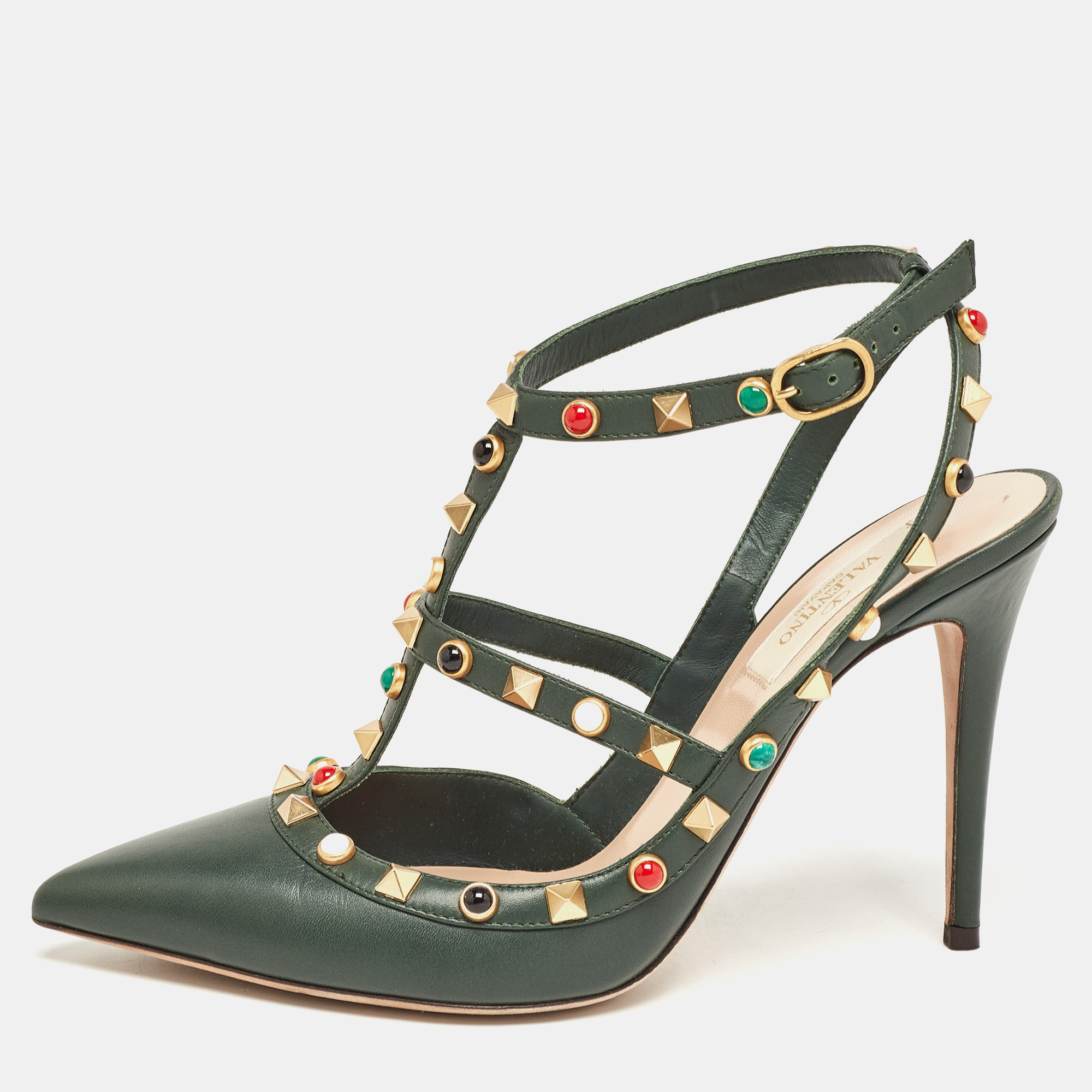 

Valentino Green Leather Rolling Rockstud Ankle Strap Pumps Size