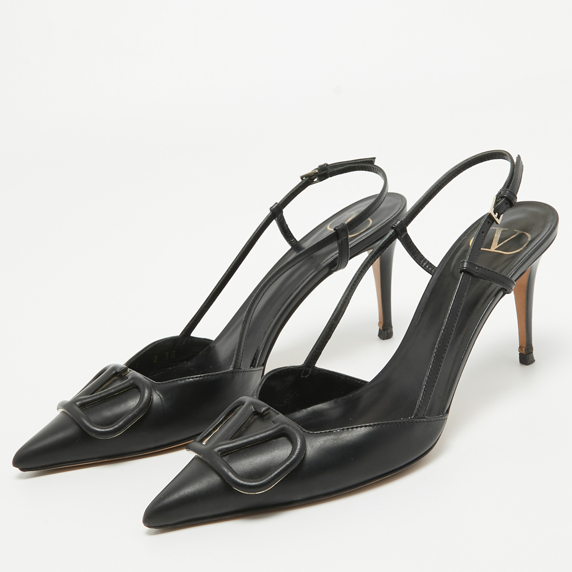 

Valentino Black Leather VLogo Slingback Pumps Size