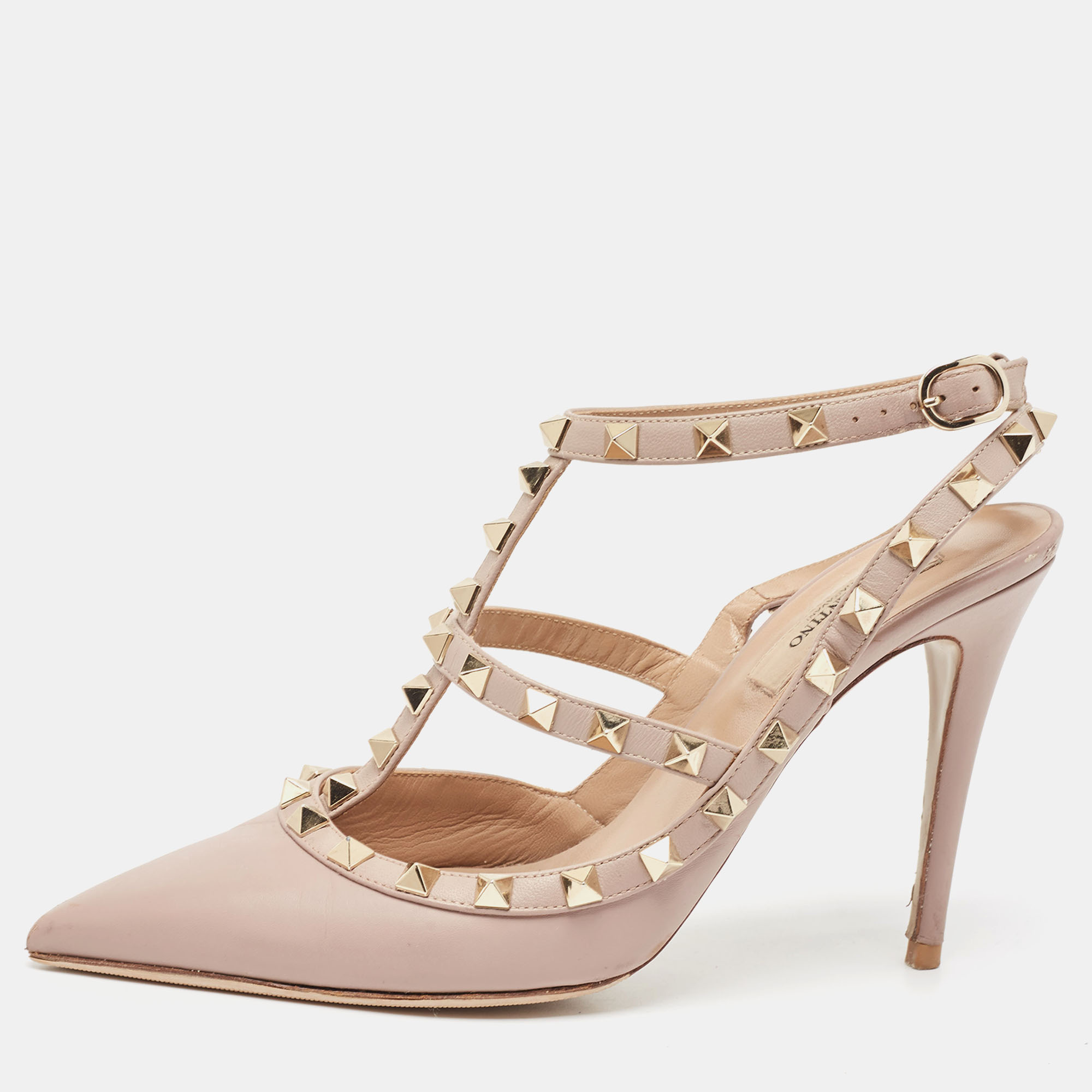 Pre-owned Valentino Garavani Dusty Pink Leather Rockstud Ankle Strap Pumps Size 38