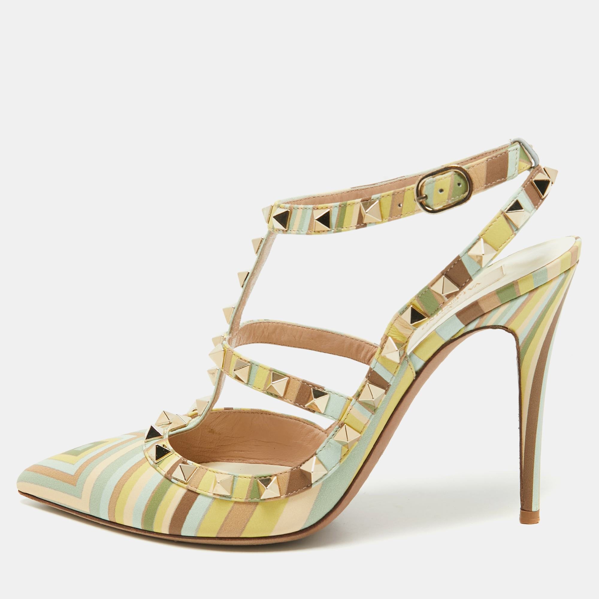

Valentino Multicolor Leather Rockstud Strappy Pointed Toe Pumps Size