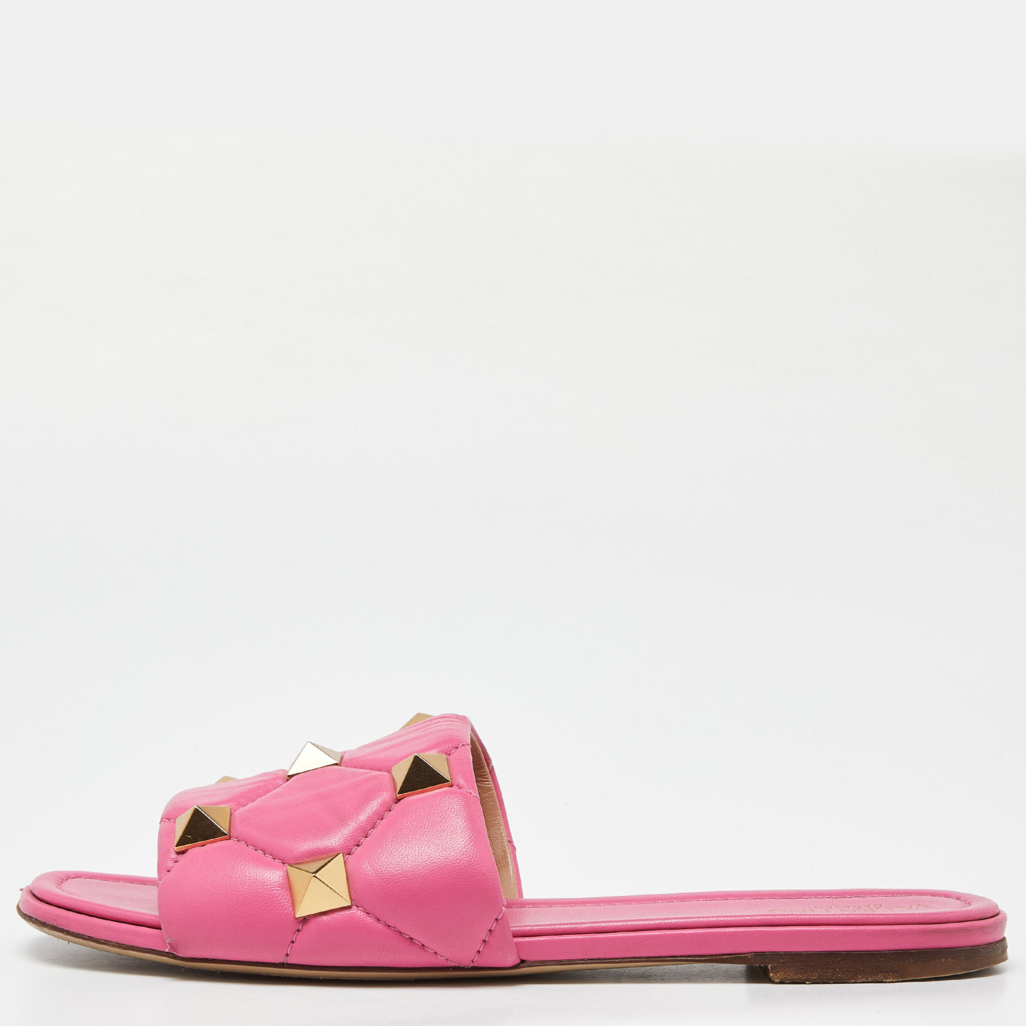 Pre-owned Valentino Garavani Pink Quilted Leather Roman Stud Flat Slides Size 41