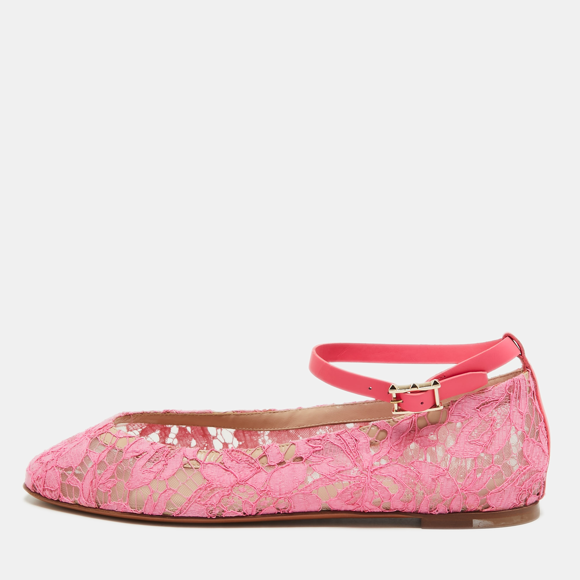 Pre-owned Valentino Garavani Pink Lace And Leather Ankle Wrap Ballet Flats Size 40