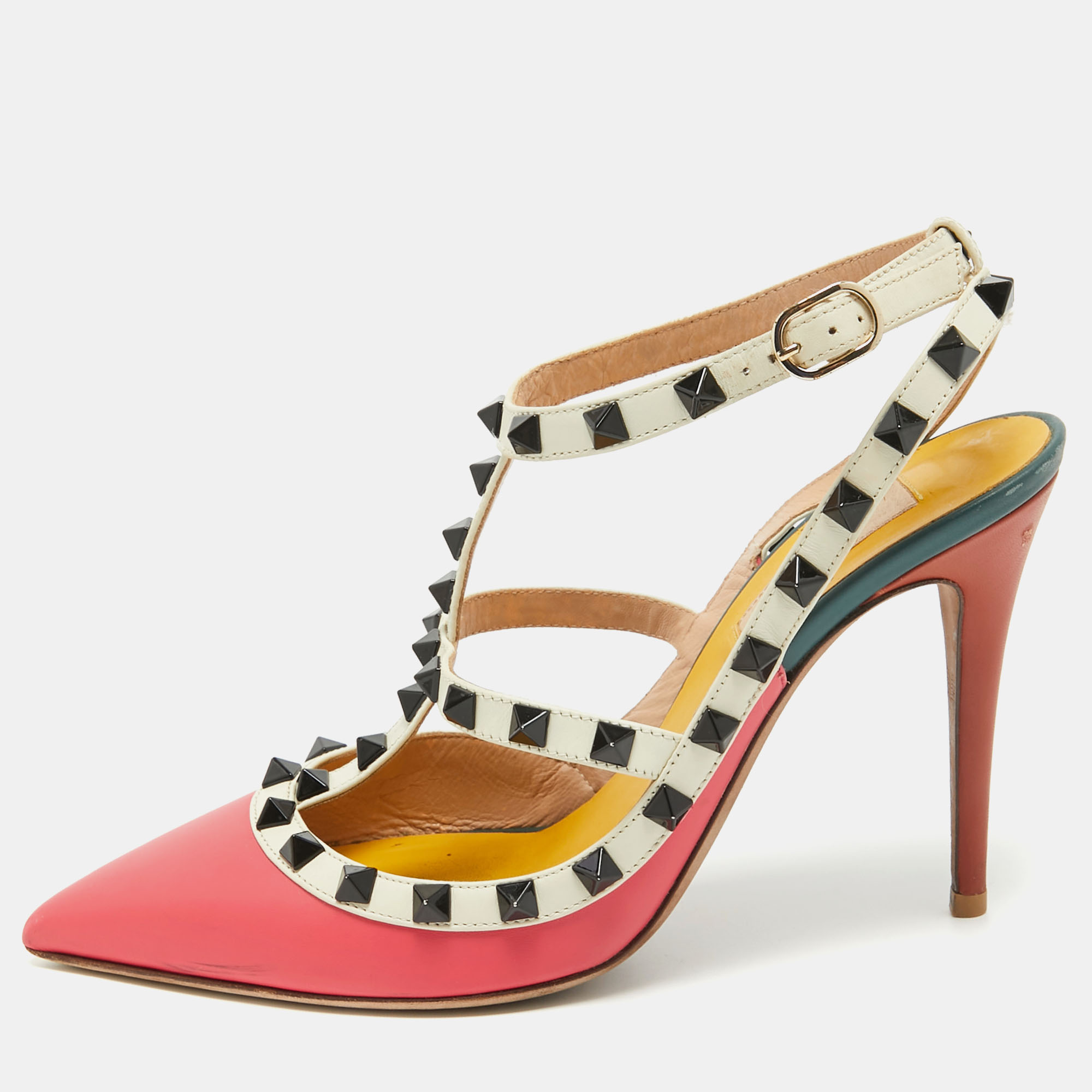 Pre-owned Valentino Garavani Tricolor Leather Rockstud Pointed Toe Ankle Strap Pumps Size 38 In Multicolor