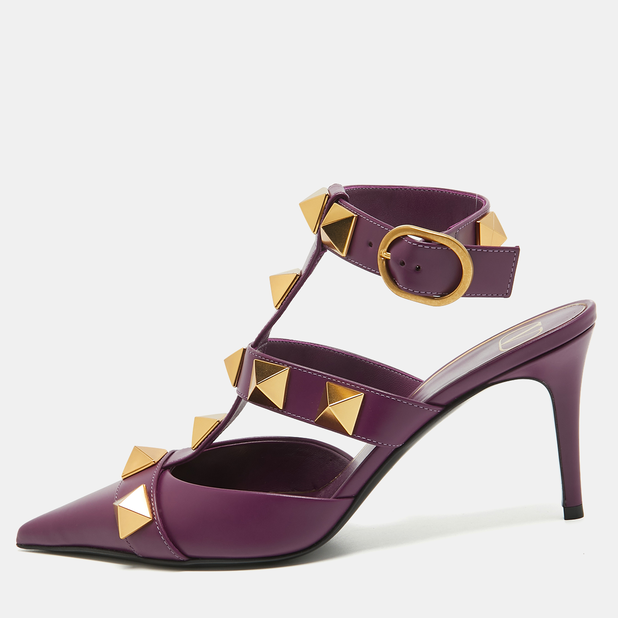 

Valentino Purple Leather Roman Stud Ankle Strap Pumps Size