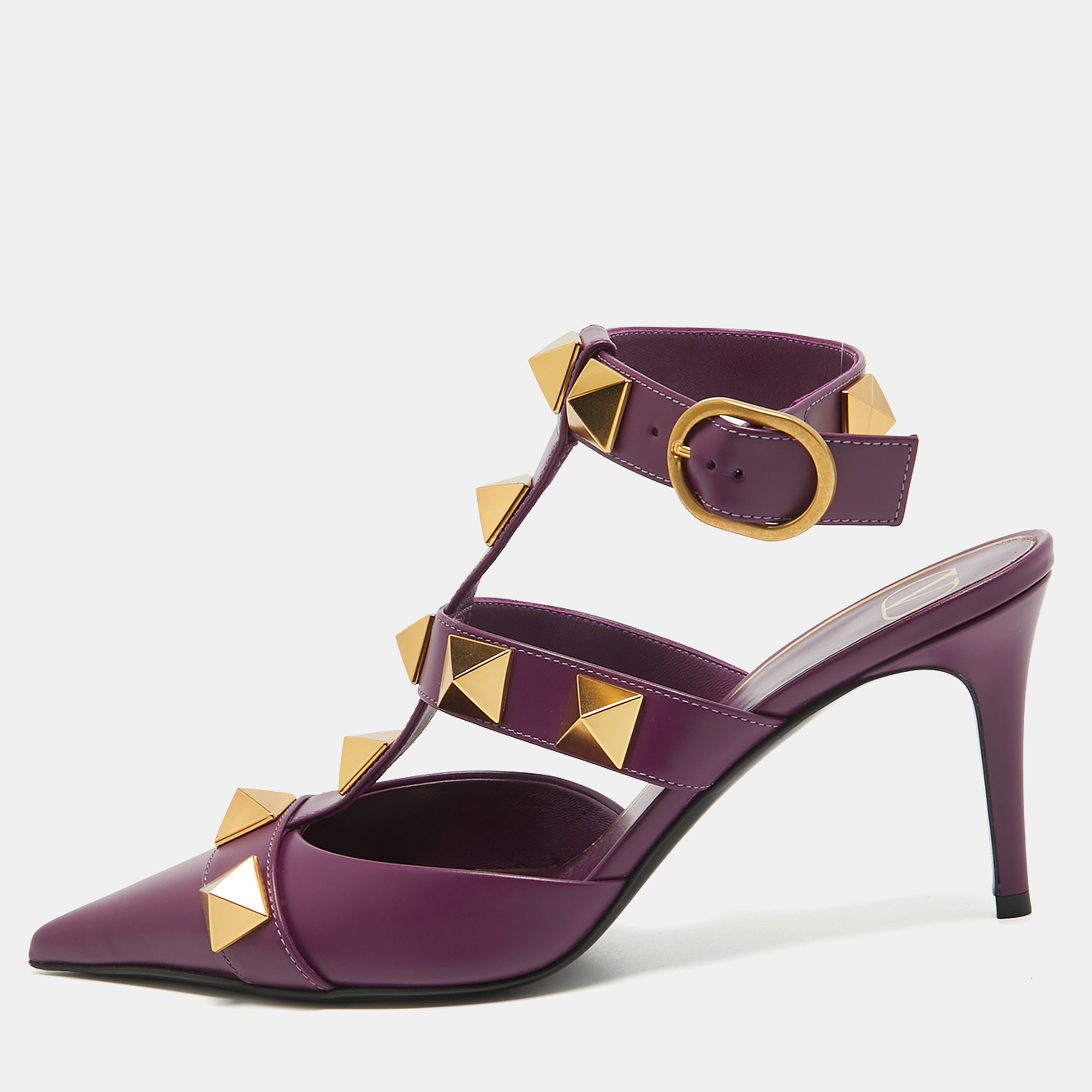 Pre-owned Valentino Garavani Purple Leather Roman Stud Ankle Strap Pumps Size 39.5