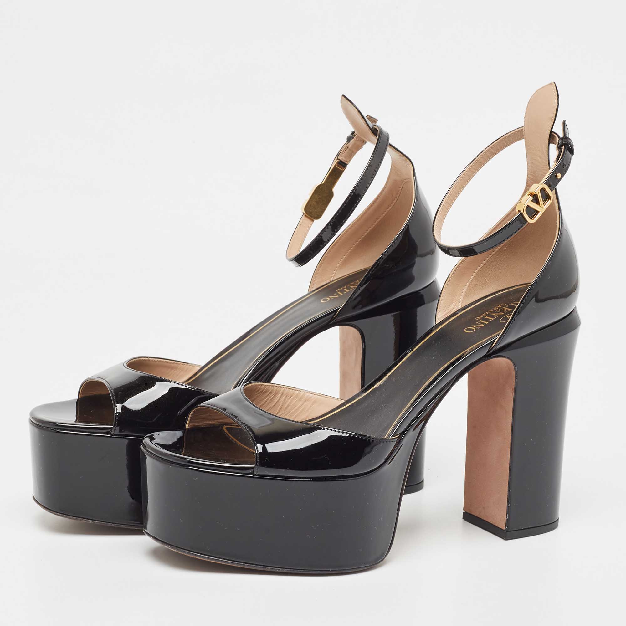 

Valentino Black Patent Leather Tan-Go Platform Sandals Size