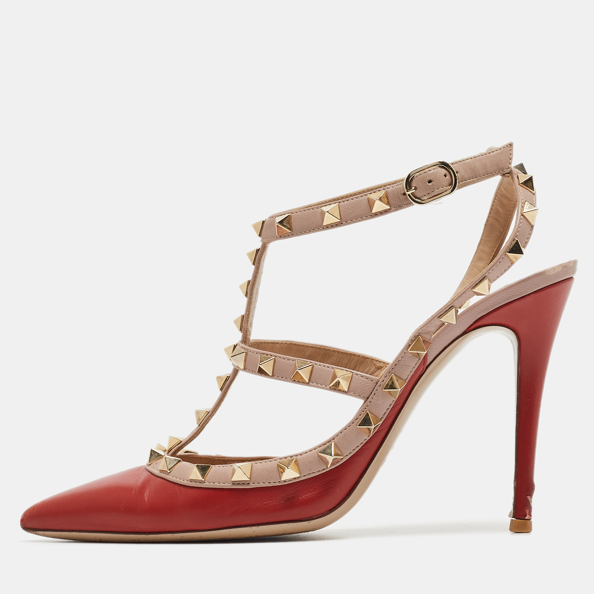 Pre-owned Valentino Garavani Red/dusty Pink Leather Rockstud Ankle Strap Pumps Size 39