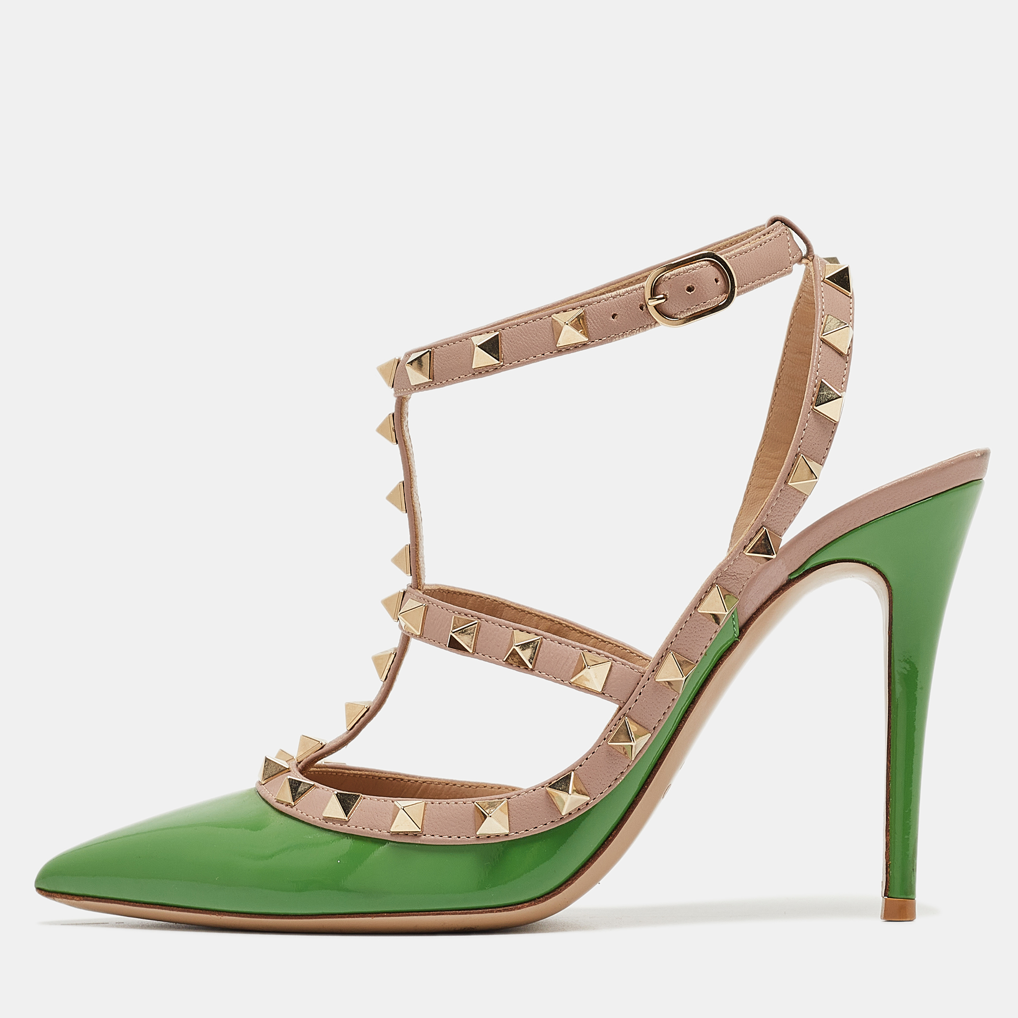 Pre-owned Valentino Garavani Green Patent Leather Rockstud Ankle Strap Pumps Size 39
