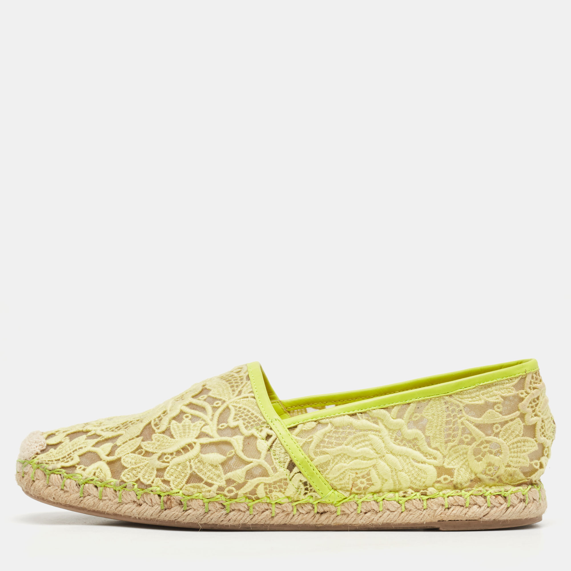 Pre-owned Valentino Garavani Neon Yellow Lace And Leather Espadrille Flats Size 39