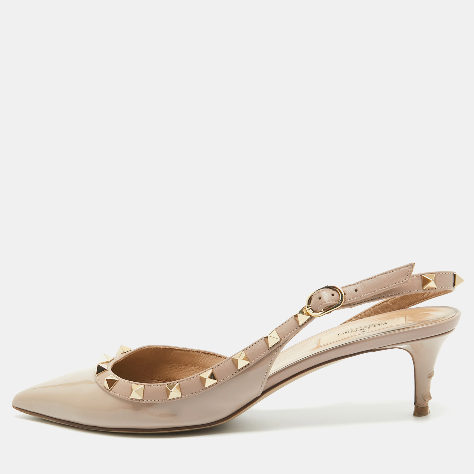 Pre-owned Valentino Garavani Beige Patent And Leather Rockstud Slingback Pumps Size 40