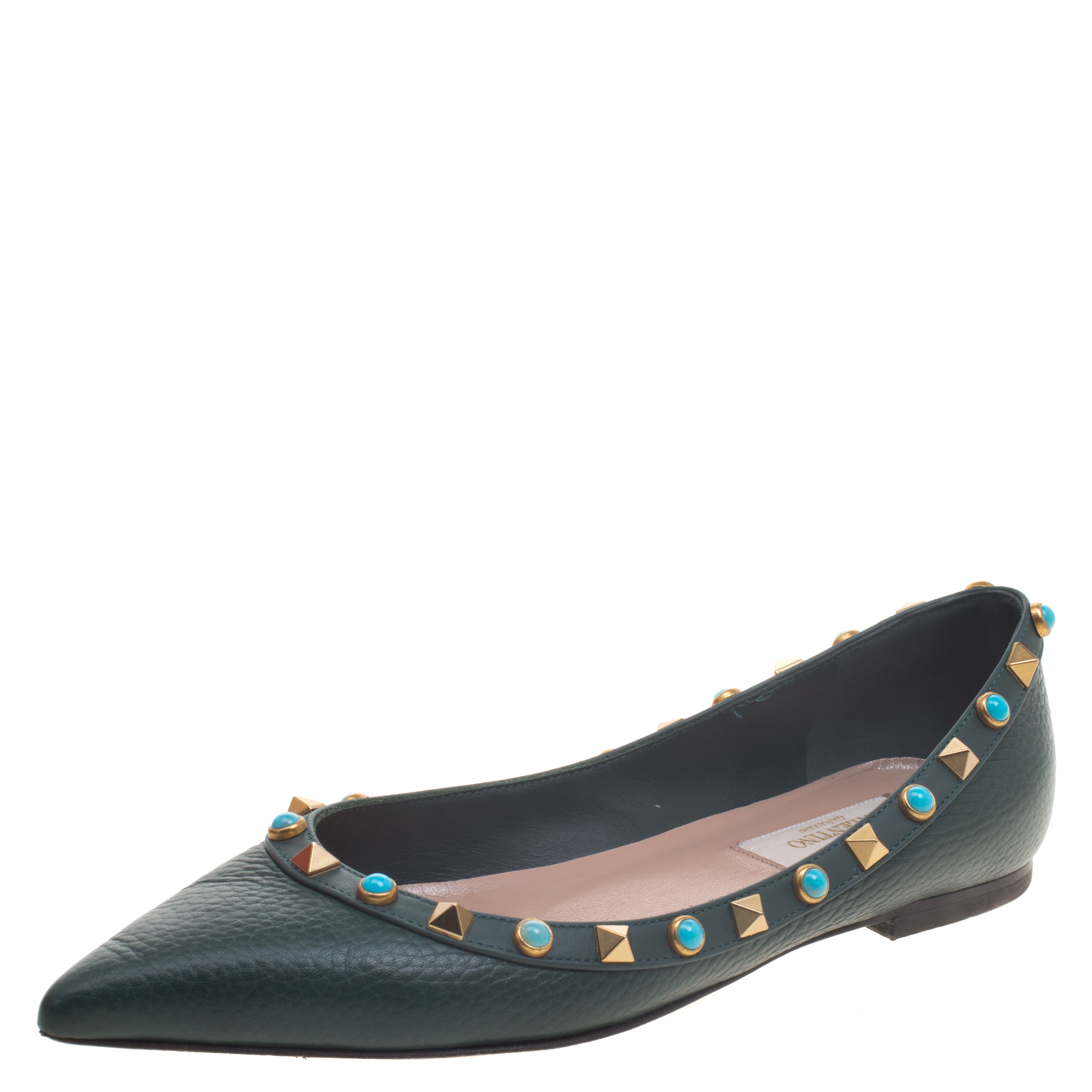 Valentino Myrtle Green Leather Rolling Rockstud Pointed Toe Ballet Flats Size 35