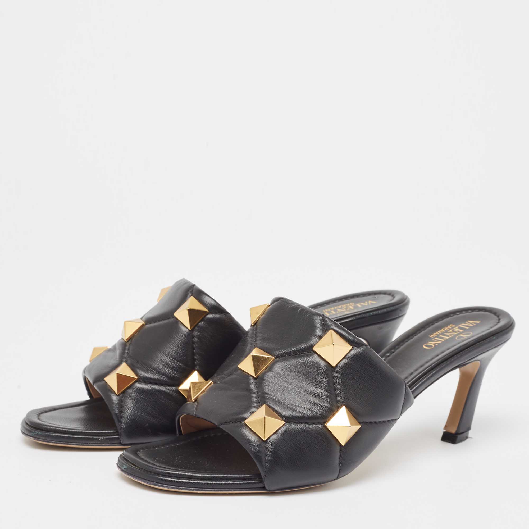 

Valentino Black Quilted Leather Roman Stud Slide Sandals Size