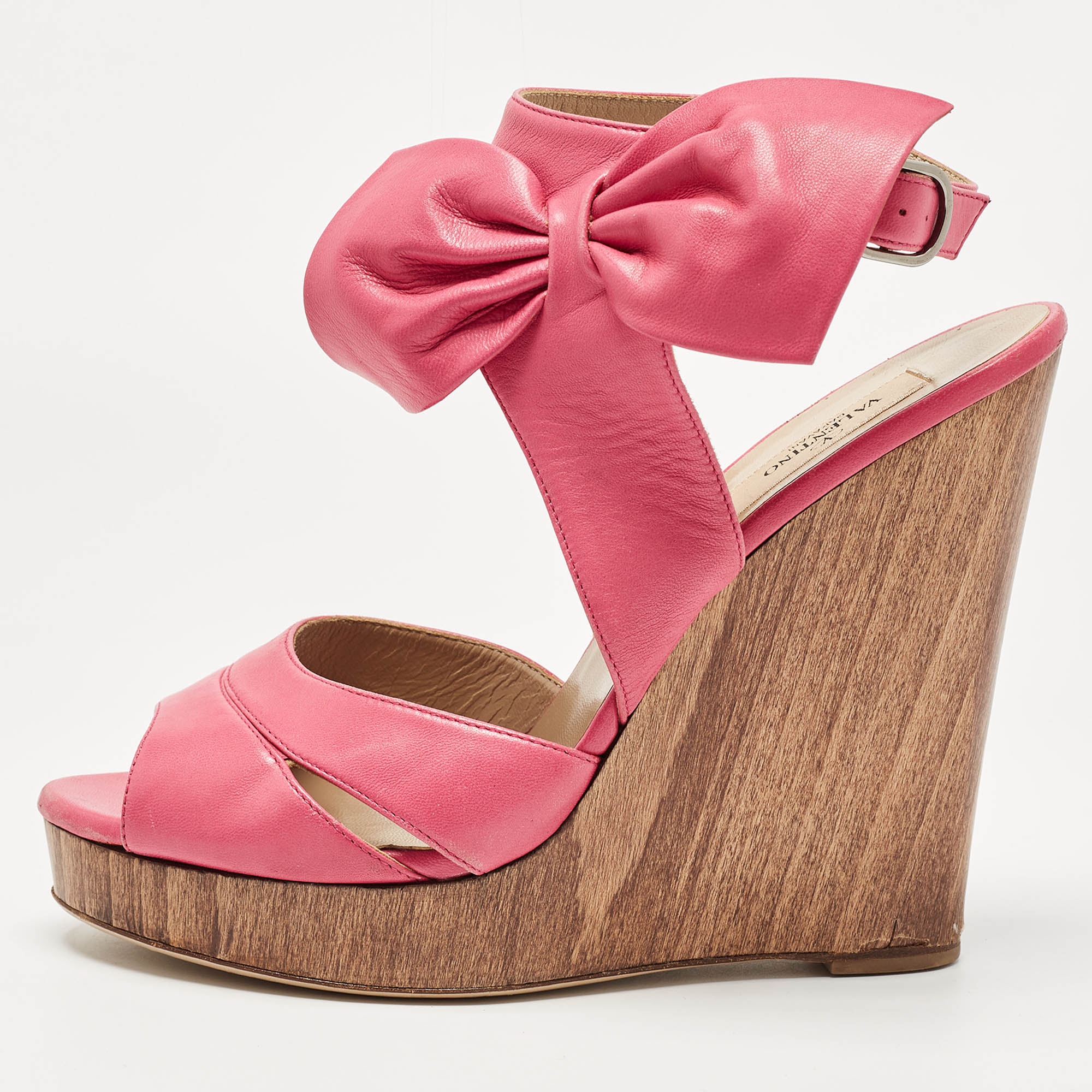 

Valentino Pink Leather Wedge Ankle Strap Sandals Size