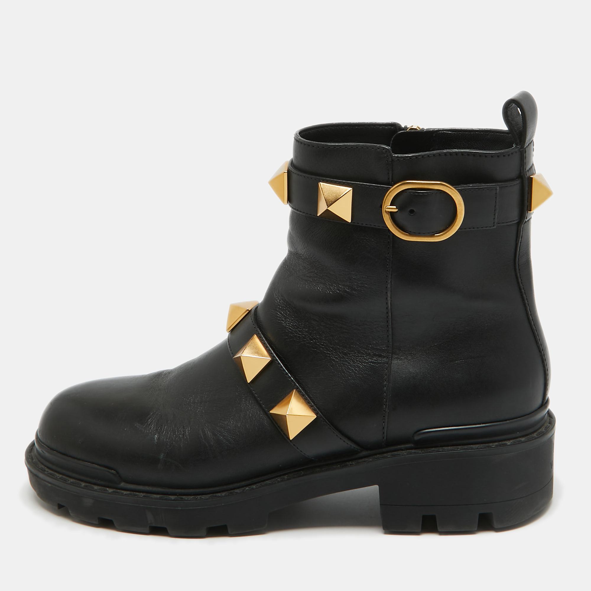 

Valentino Black Leather Roman Stud Combat Boots Size