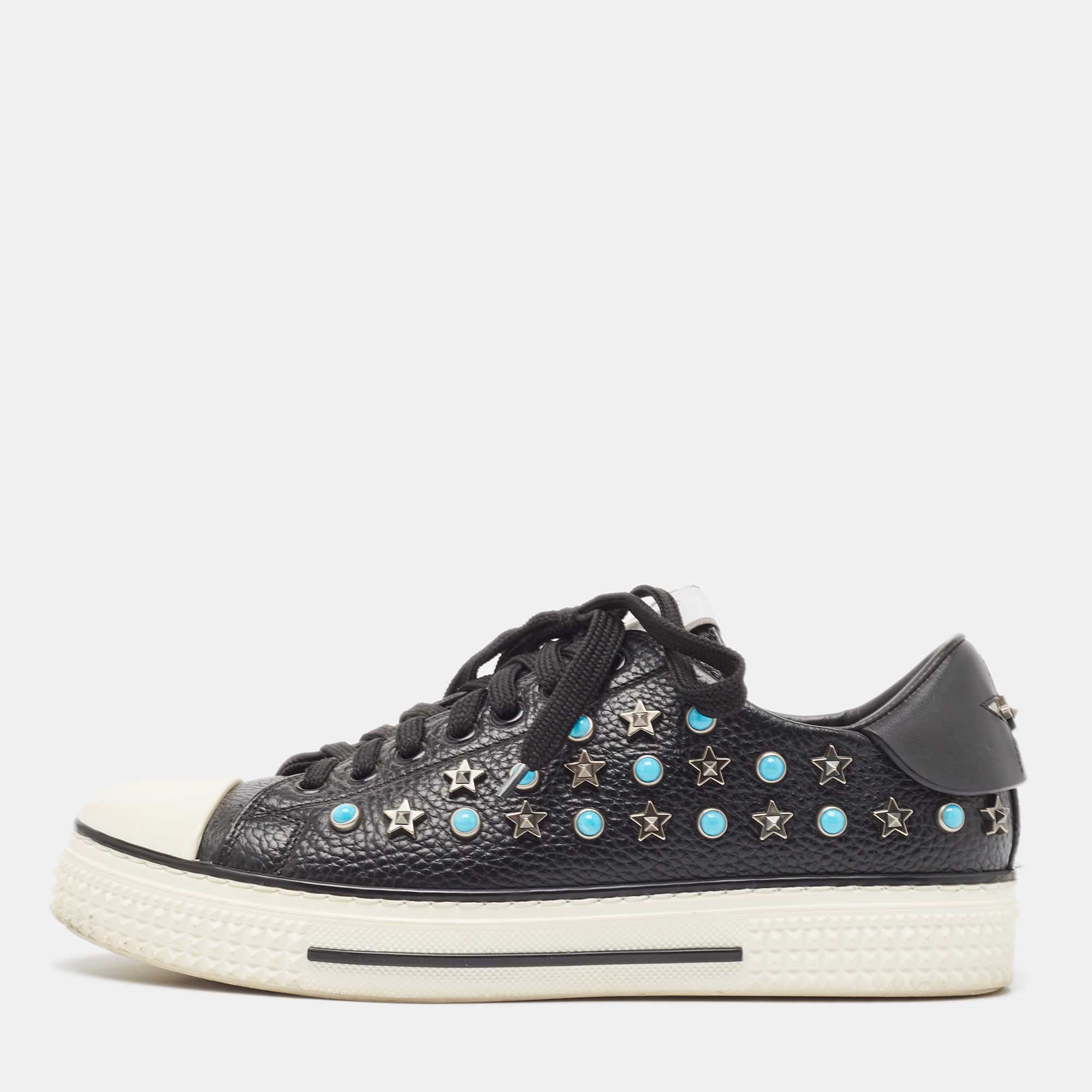 

Valentino Black Leather Star Studded Low Top Sneakers Size