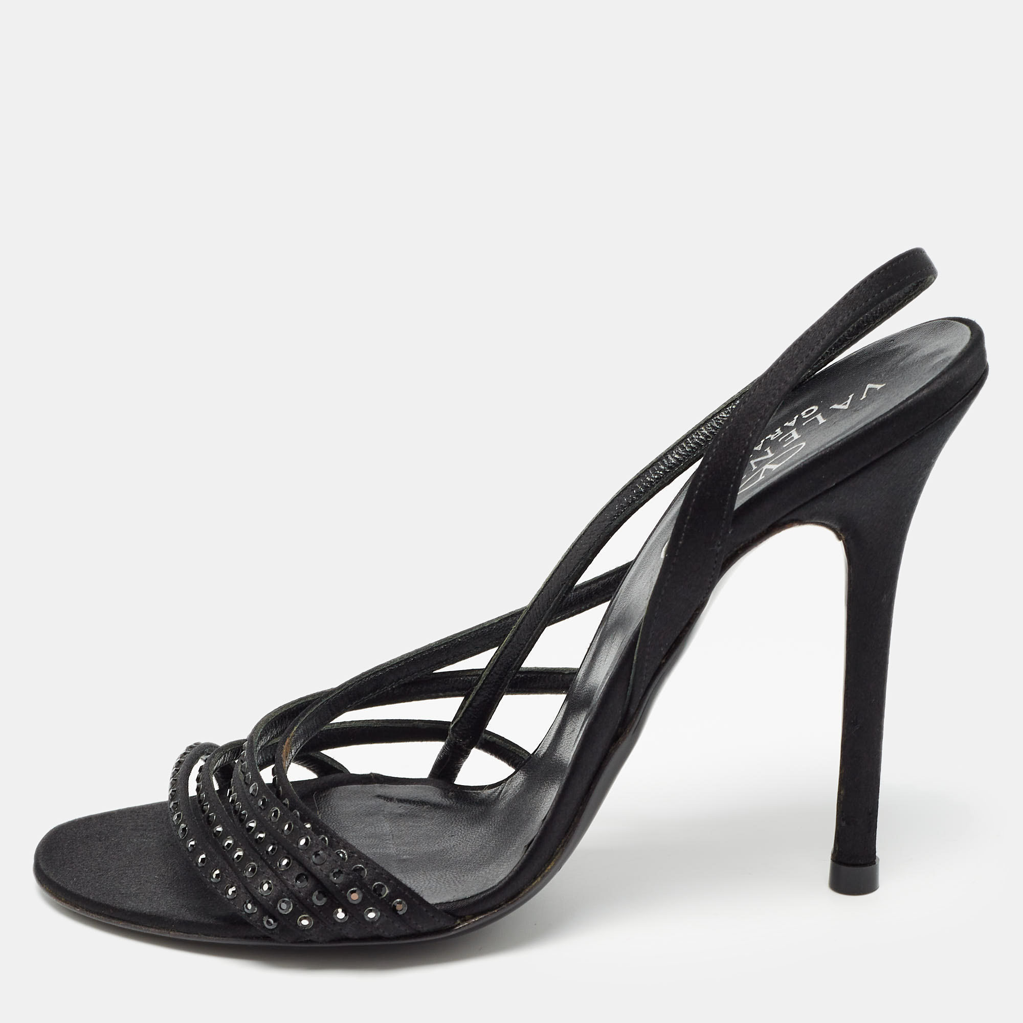 

Valentino Black Satin Crystal Embellished Slingback Sandals Size